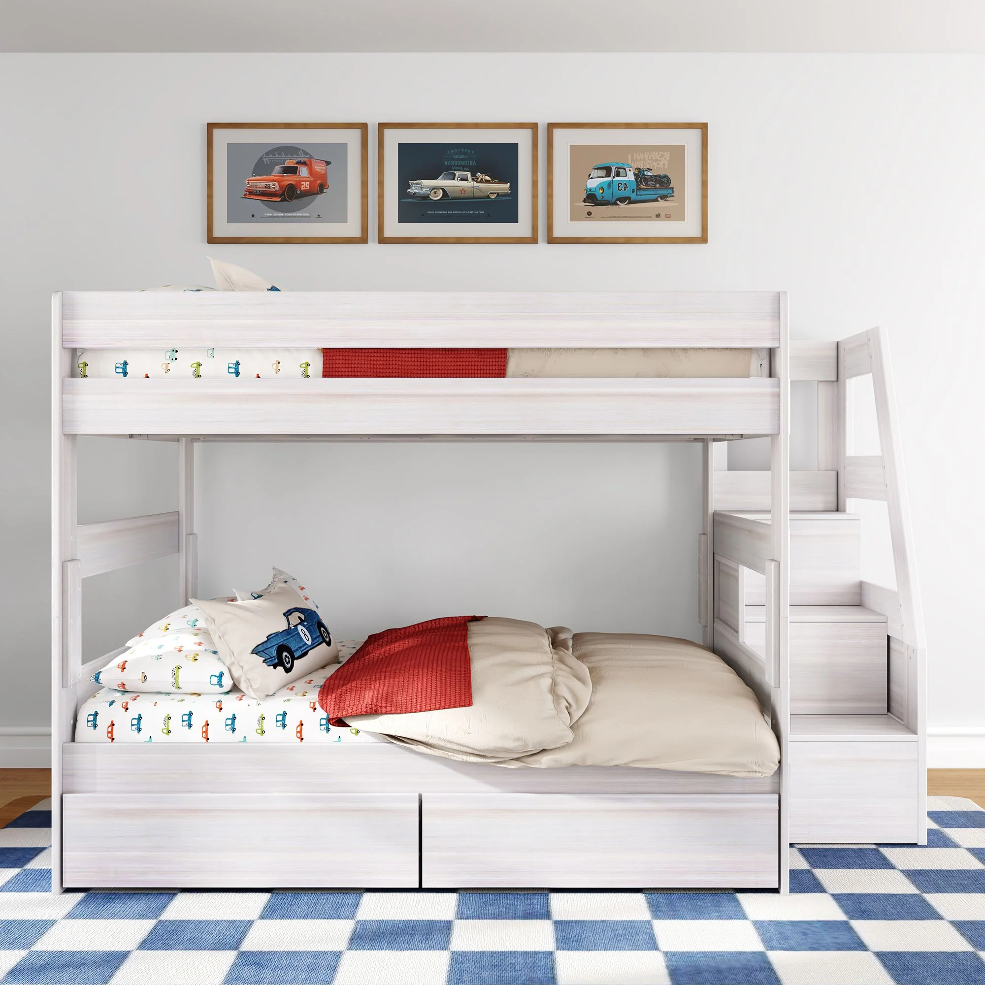 Modern Farmhouse Queen Over Queen Bunk Bed With Stairs & Storage Drawers - Image 4