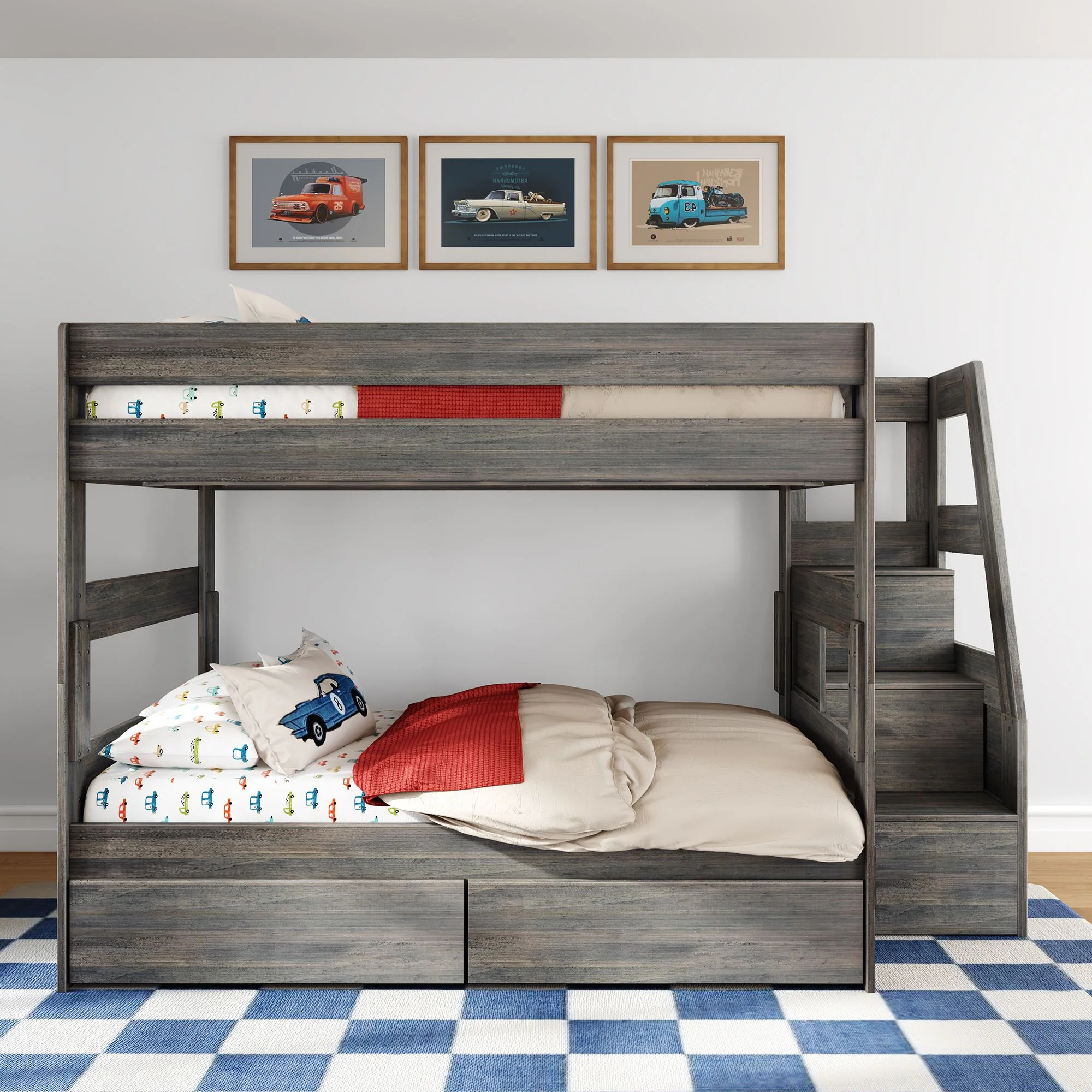 Modern Farmhouse Queen Over Queen Bunk Bed With Stairs & Storage Drawers - Image 5