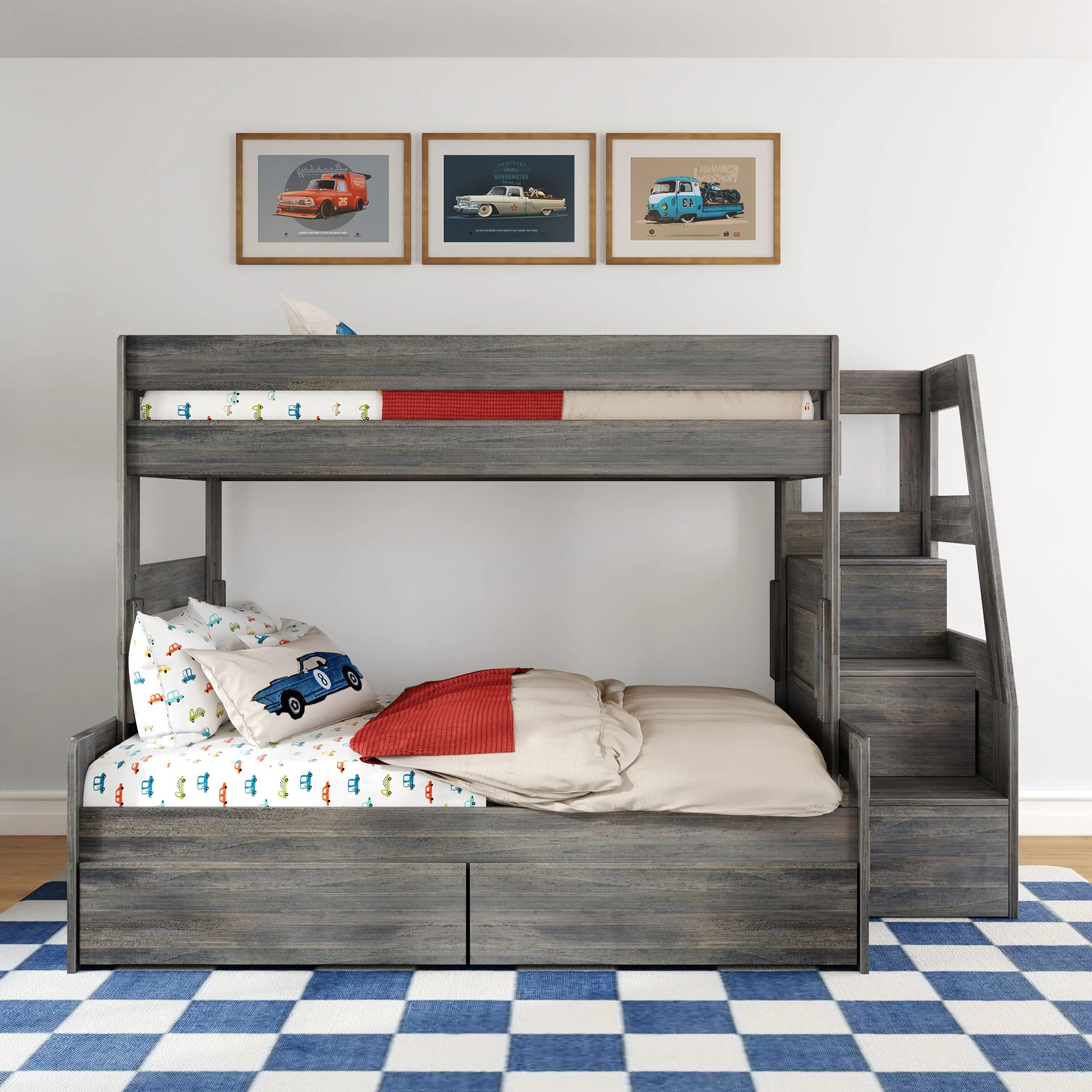 Modern Farmhouse Twin Over Full Bunk Bed With Stairs & Storage Drawers - Image 4
