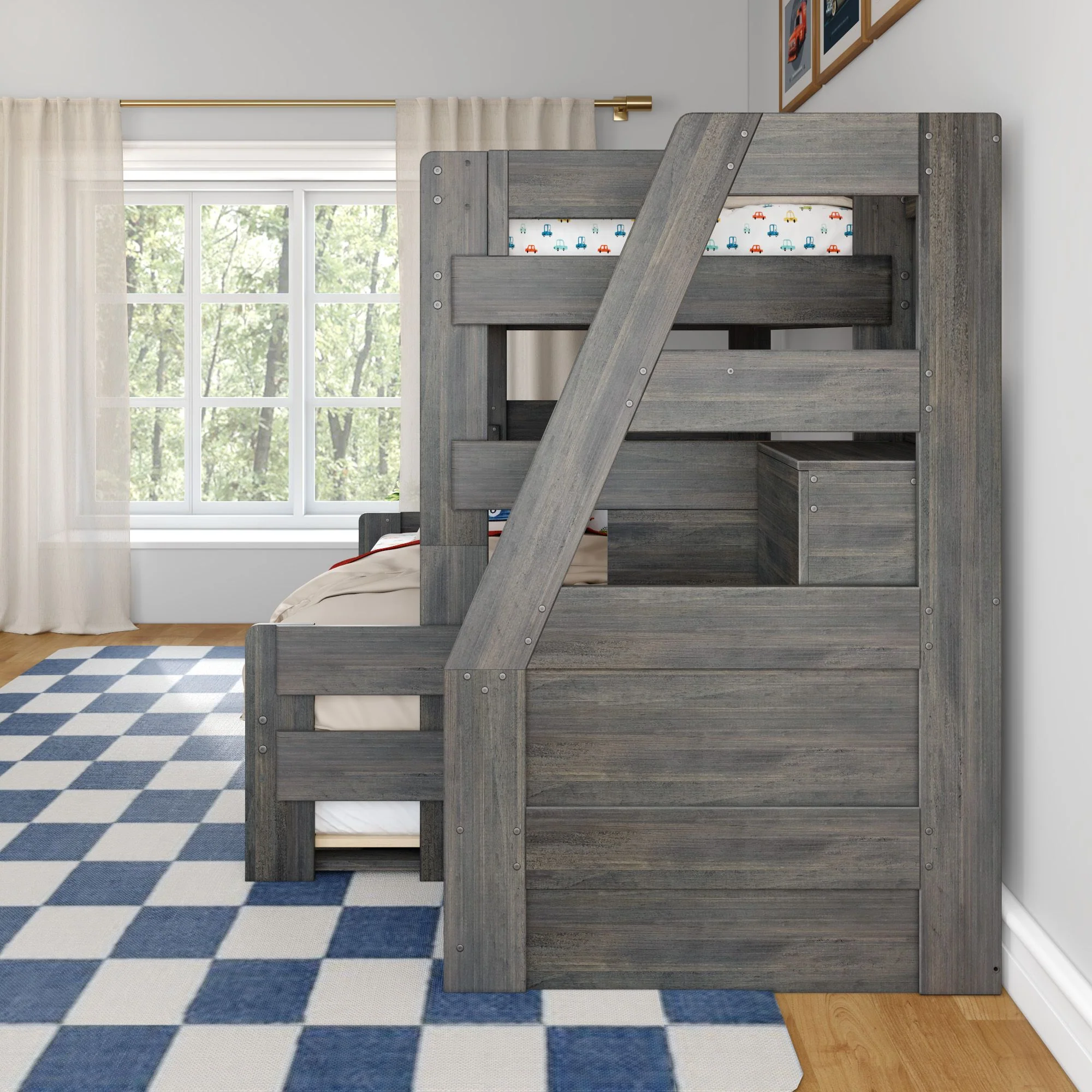 Modern Farmhouse Twin Over Full Bunk Bed With Stairs & Trundle - Image 28