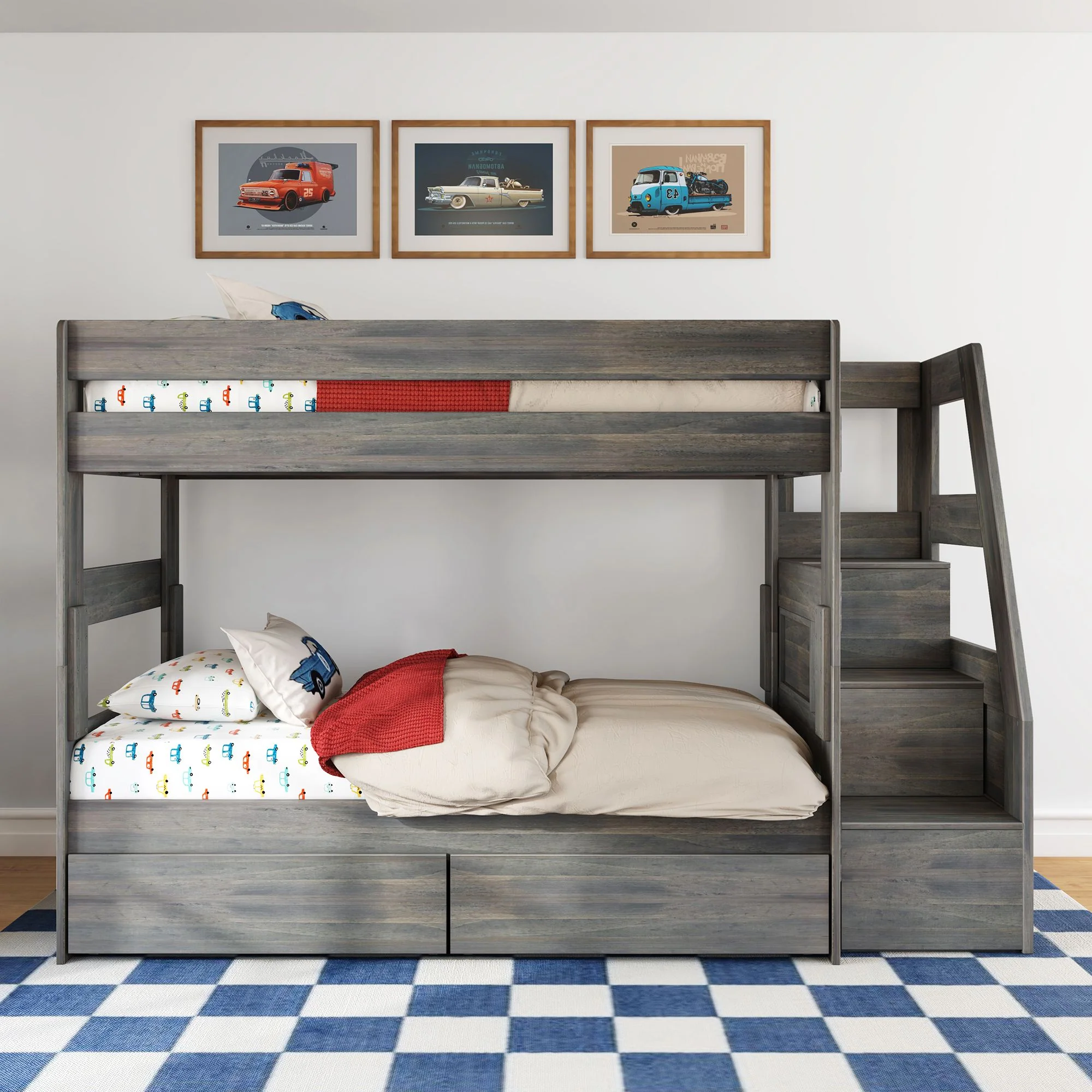 Modern Farmhouse Twin Over Twin Bunk Bed With Stairs & Storage Drawers - Image 4