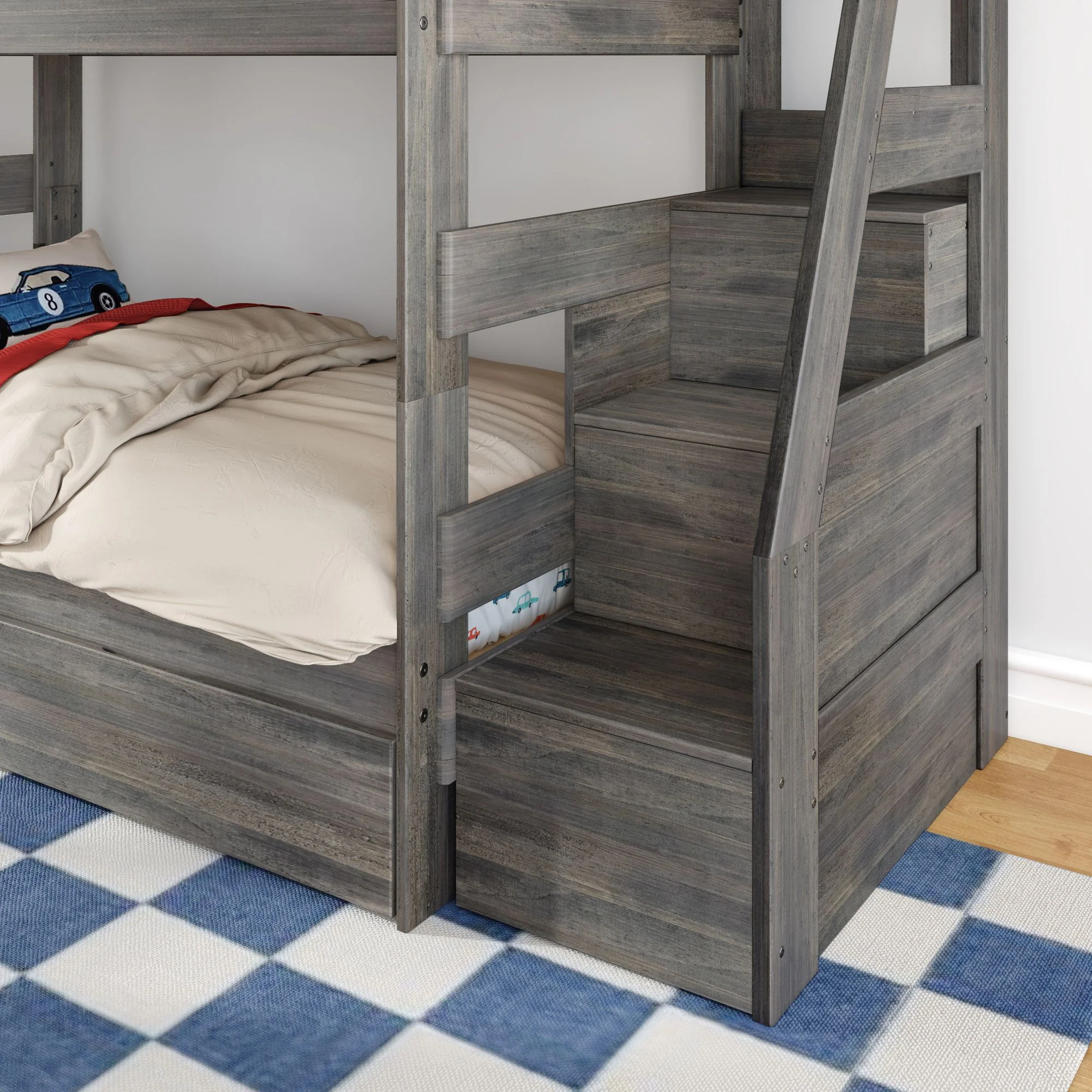 Modern Farmhouse Twin Over Twin Bunk Bed With Stairs & Trundle - Image 12