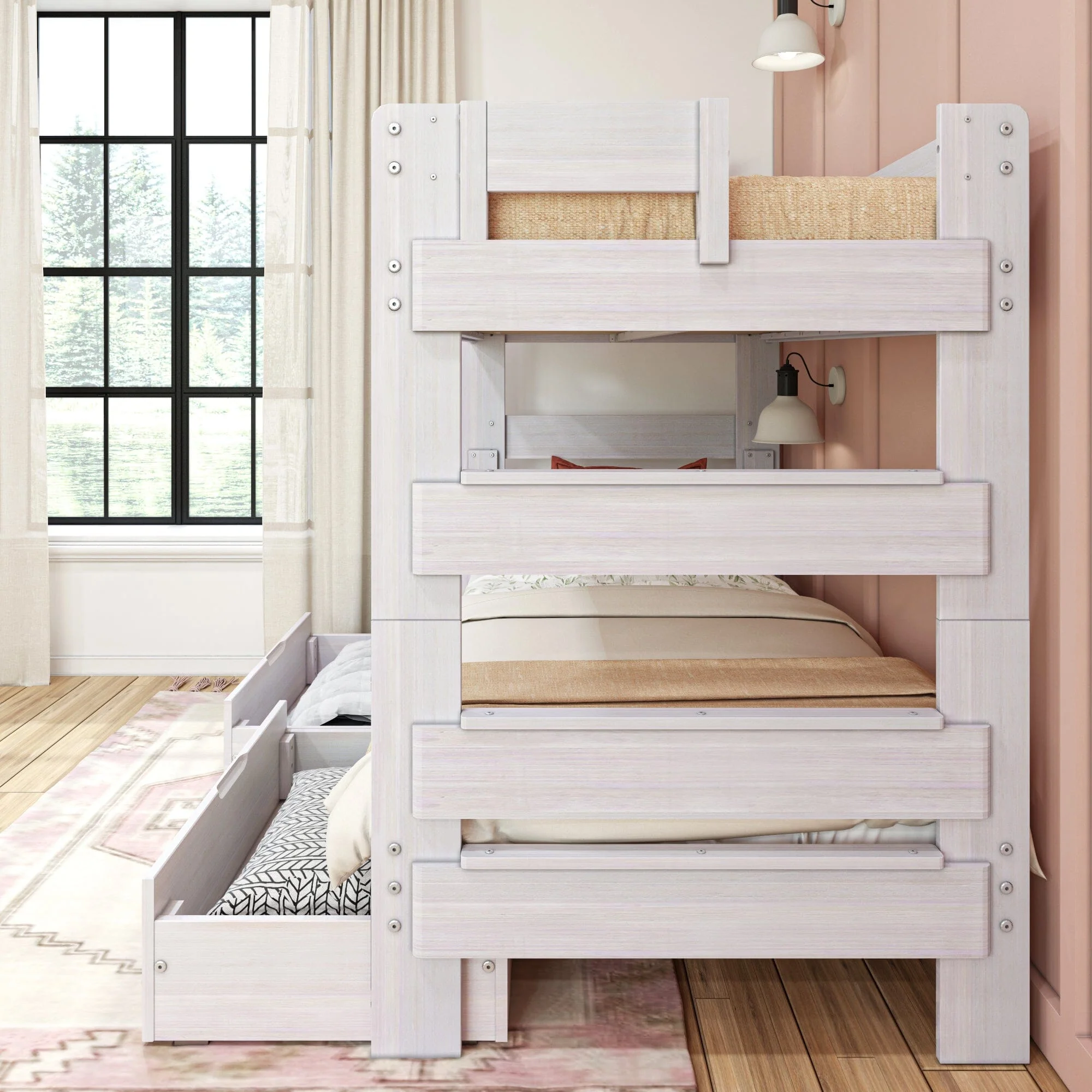 Modern Farmhouse Twin Over Twin Bunk Bed With Storage Drawers - Image 10
