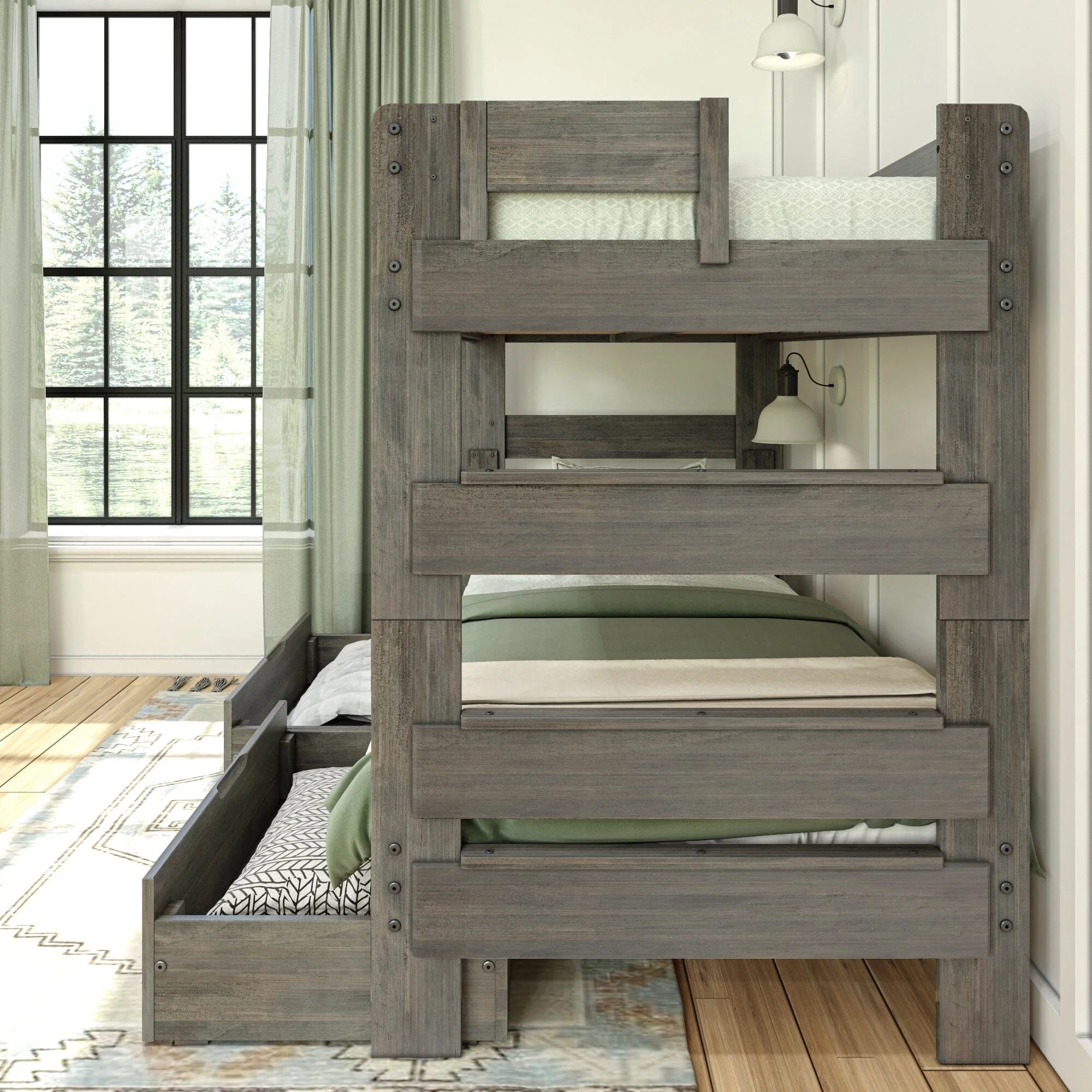 Modern Farmhouse Twin Over Twin Bunk Bed With Storage Drawers - Image 9
