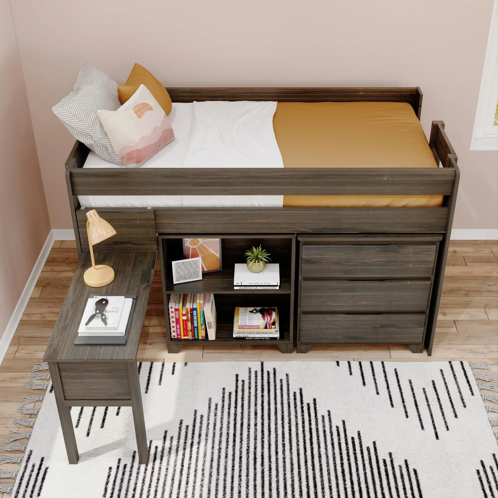 Modern Farmhouse Twin Low Loft Bed With Desk & Storage - Image 4