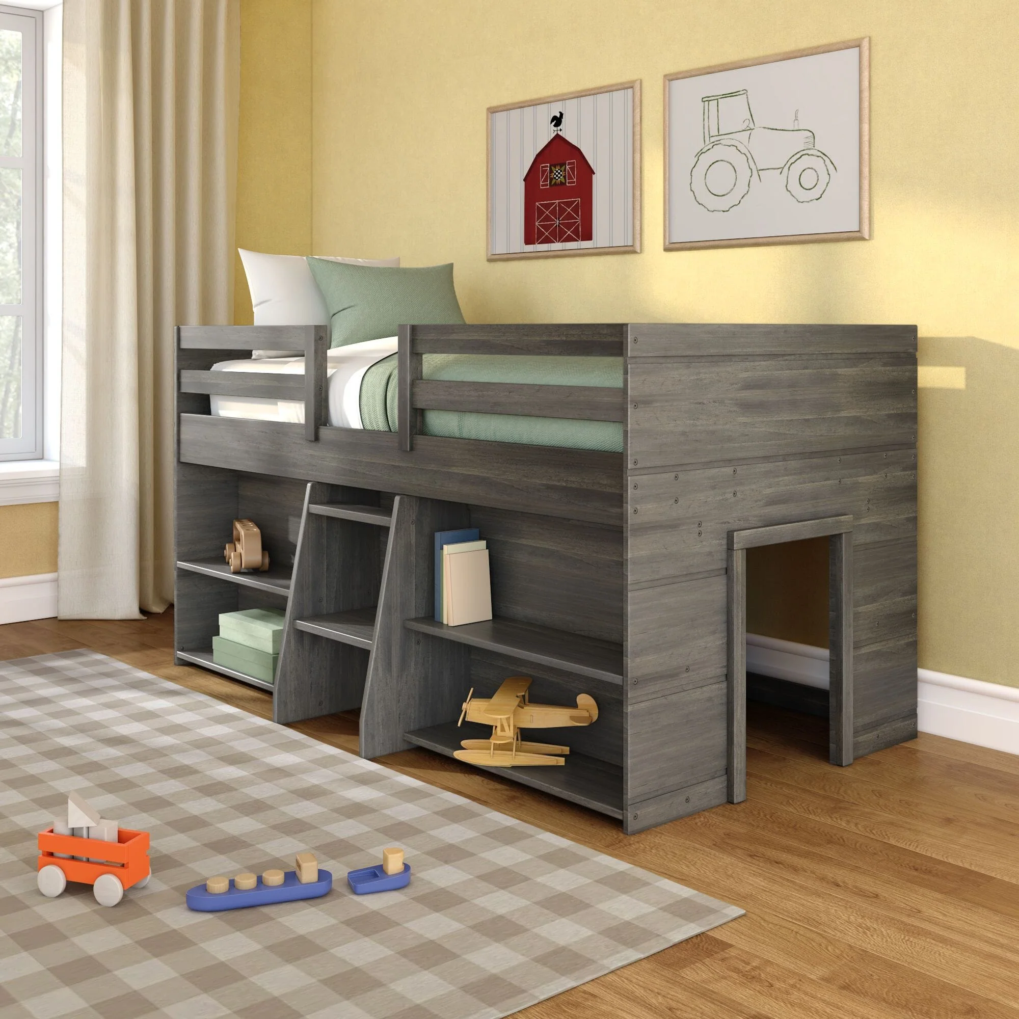 Modern Farmhouse Twin Low Loft Bed With Bookcases - Image 3