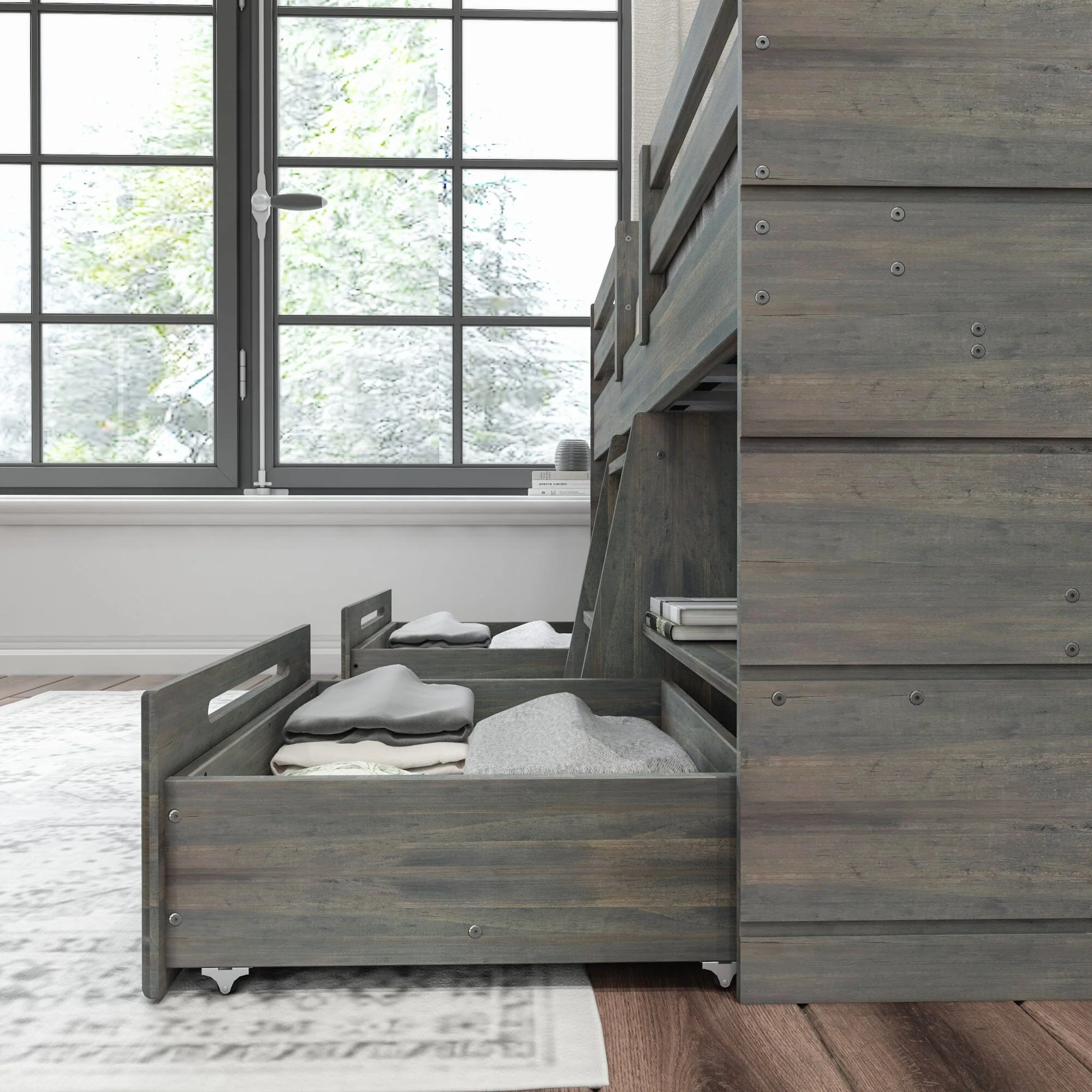 Modern Farmhouse Twin Low Loft Bed With Bookcases & Drawers - Image 4