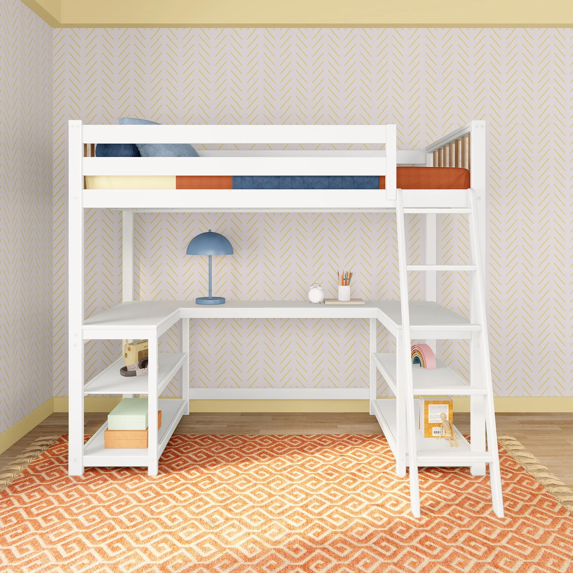 Scandinavian Twin Loft Bed With Wraparound Desk & Shelves - Image 4