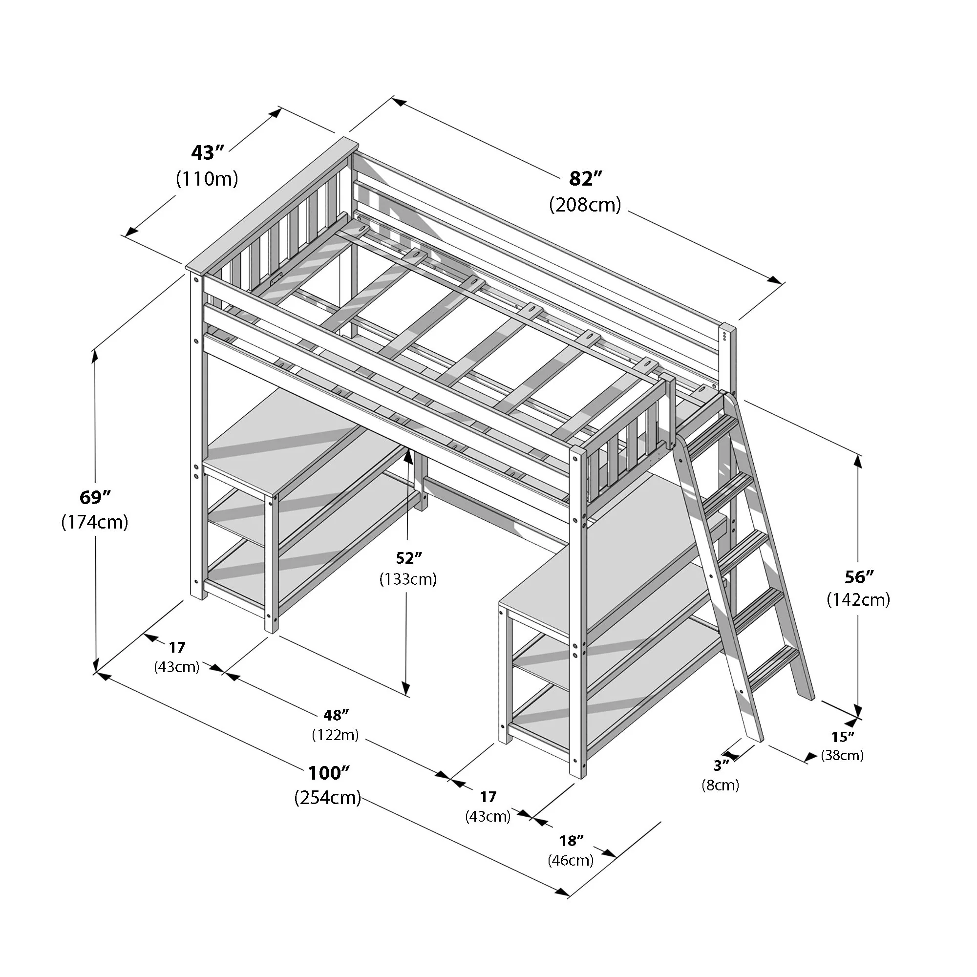 Twin Loft Bed With Wraparound Desk & Ladder On End - Image 11