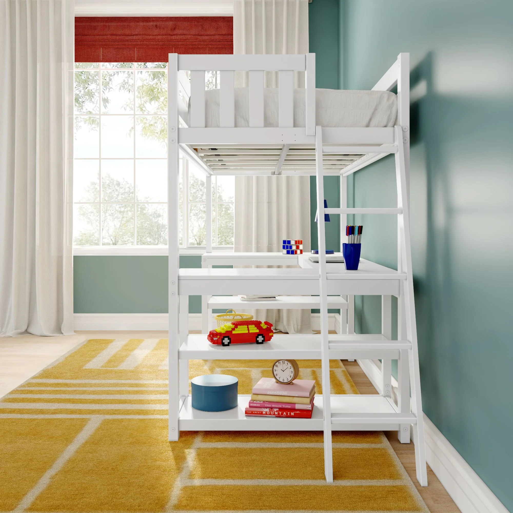 Twin Loft Bed With Wraparound Desk & Ladder On End - Image 6