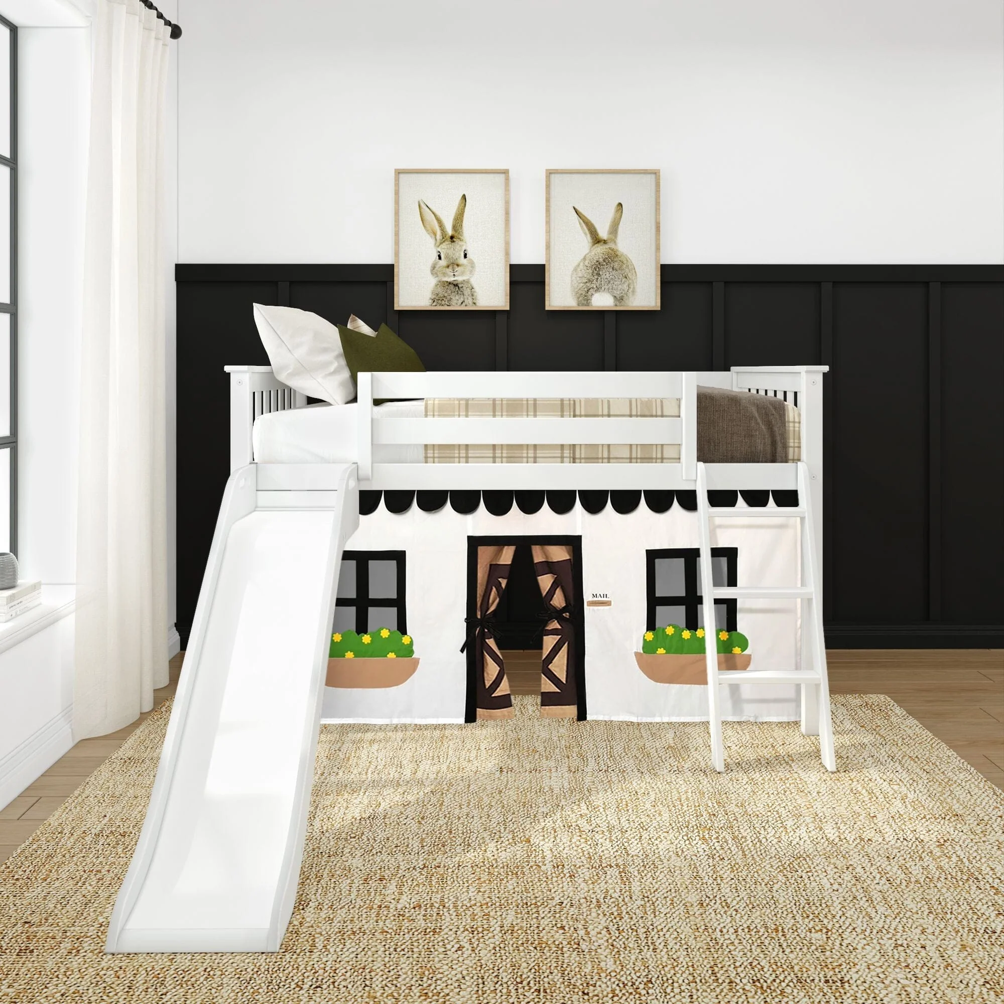 Twin Low Loft Bed with Slide & Black & White Farmhouse Curtain - Image 3