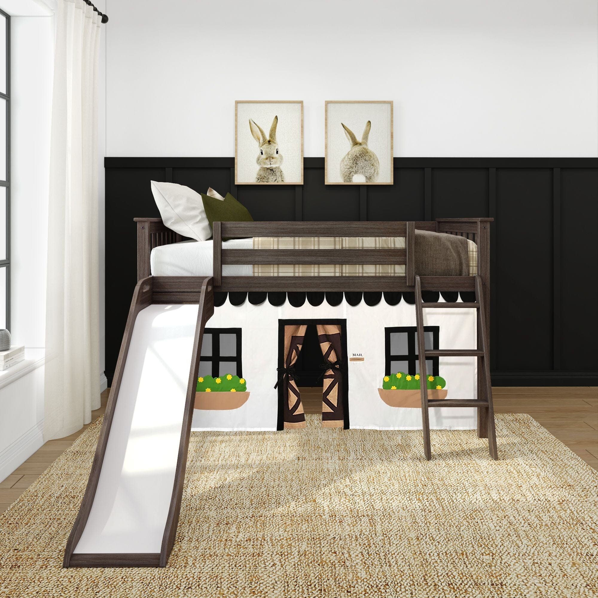 Twin Low Loft Bed with Slide & Black & White Farmhouse Curtain - Image 4