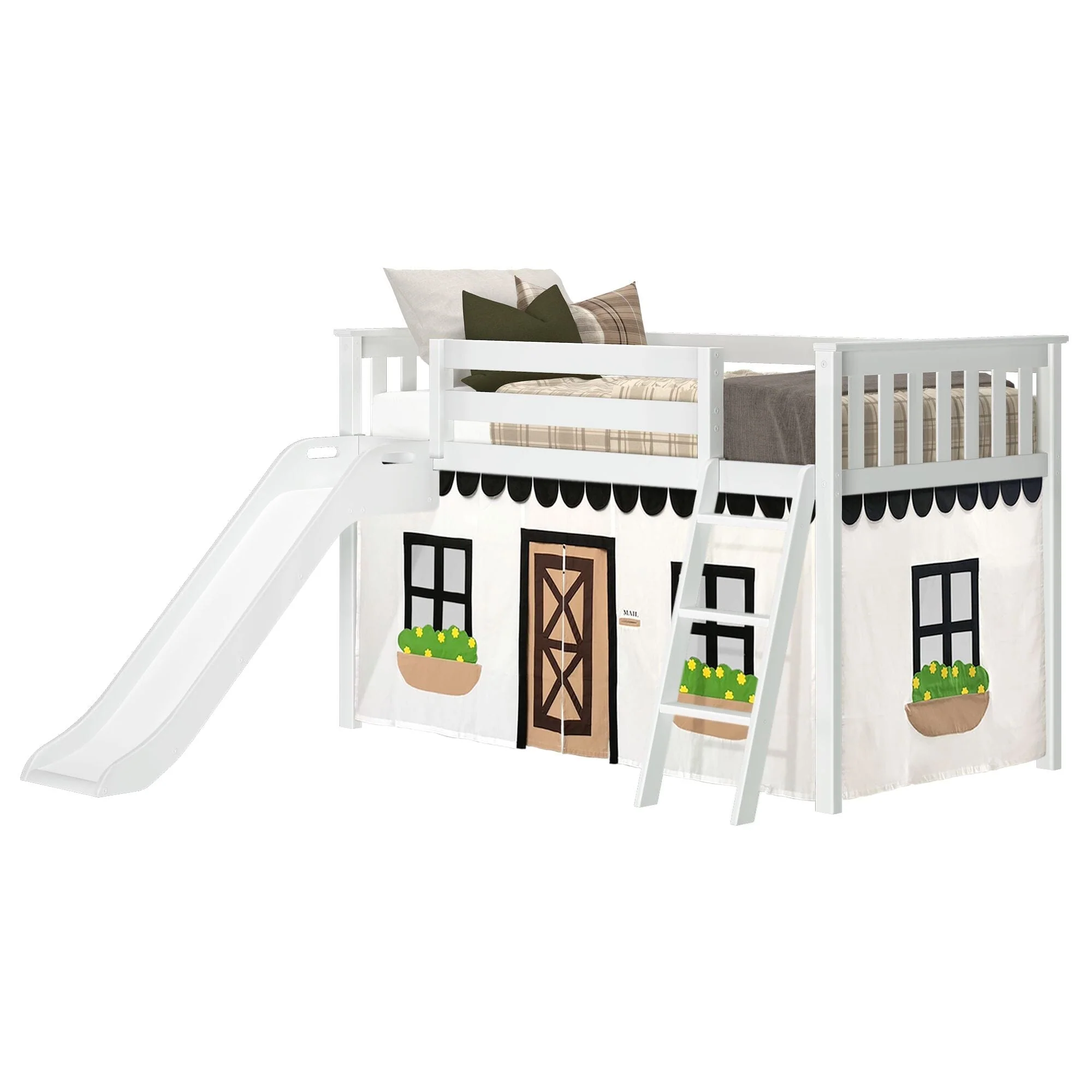 Twin Low Loft Bed with Slide & Black & White Farmhouse Curtain - Image 5