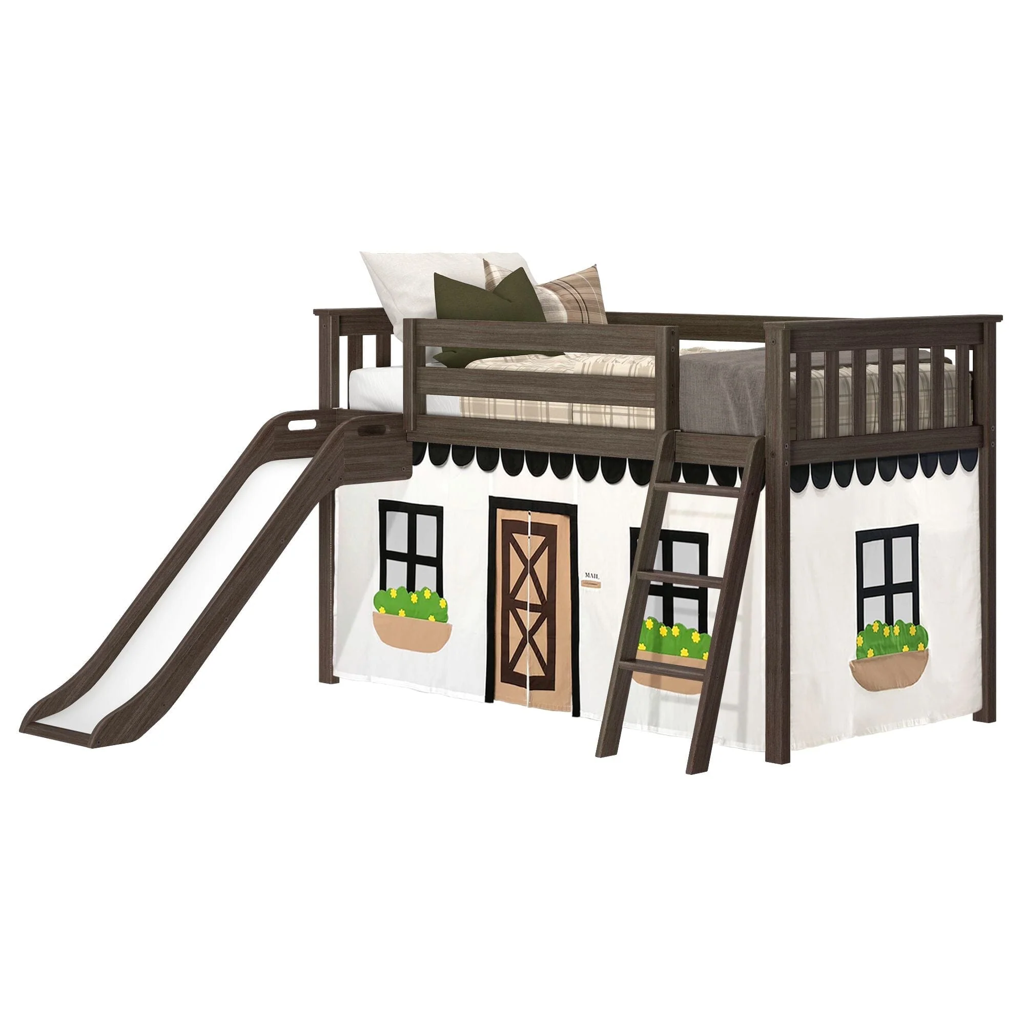 Twin Low Loft Bed with Slide & Black & White Farmhouse Curtain - Image 6