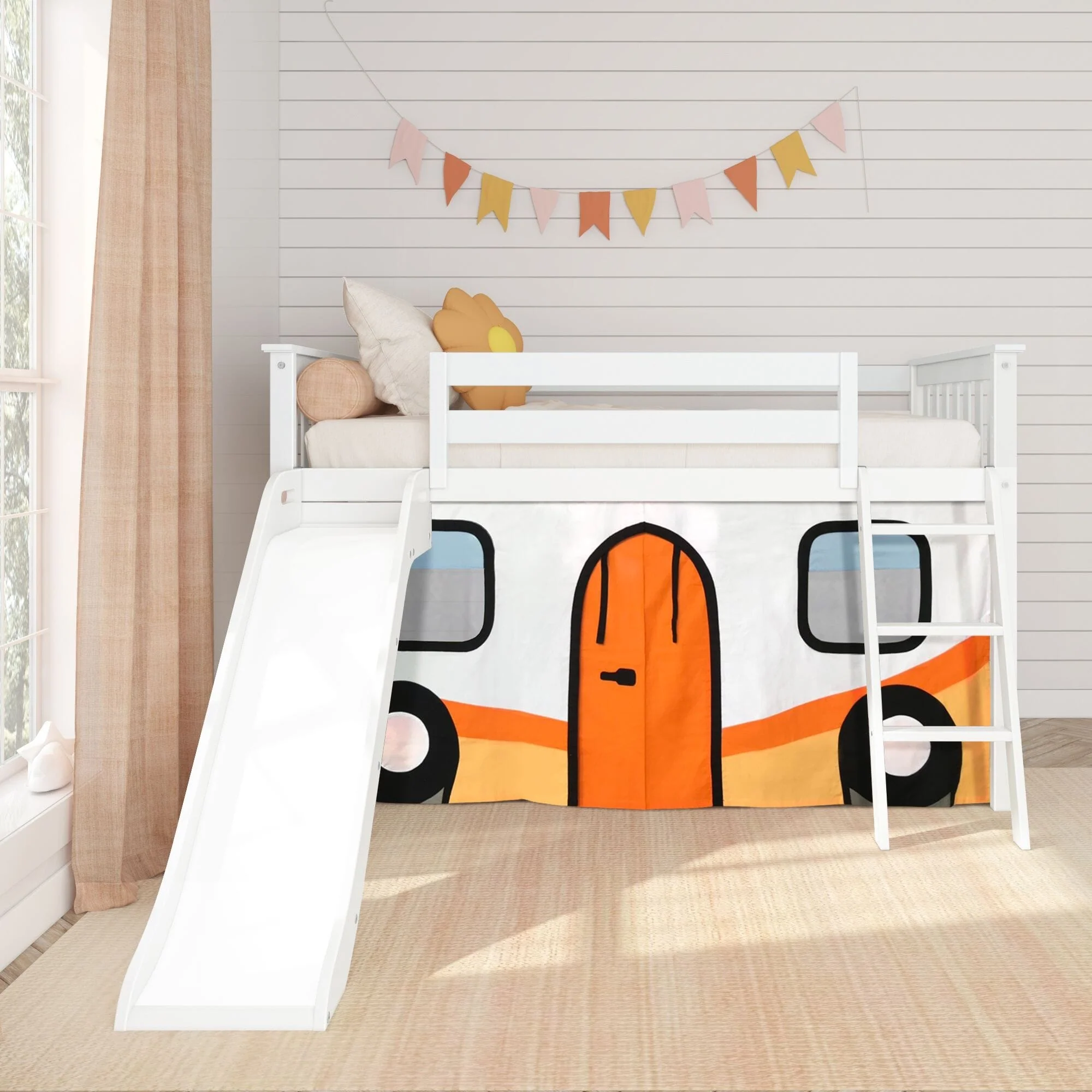 Twin Low Loft Bed with Slide & Camper Van Curtain - Image 4