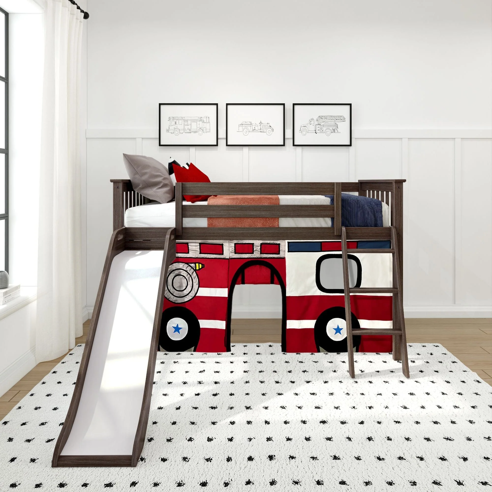 Twin Low Loft Bed with Slide & Firetruck Curtain - Image 4