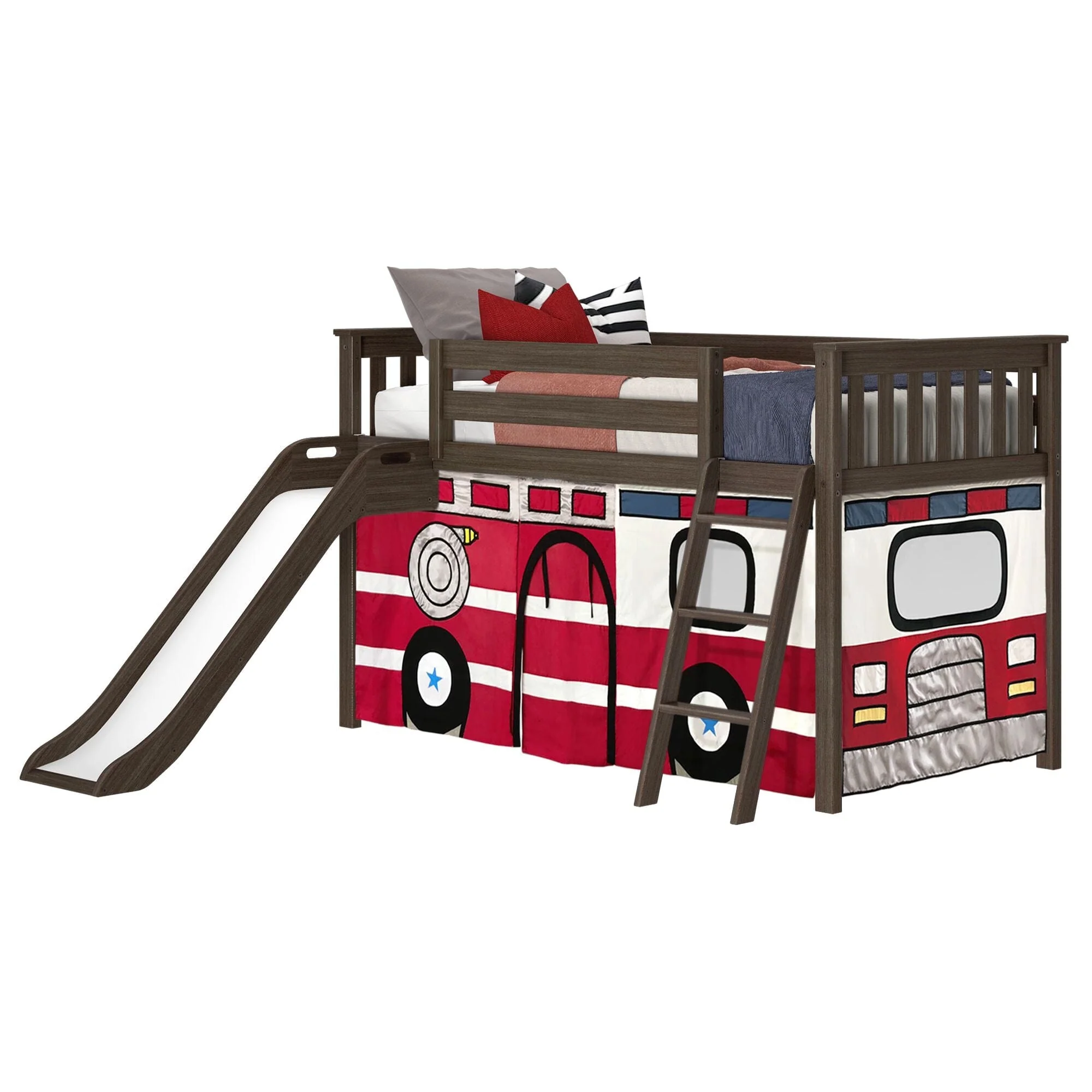 Twin Low Loft Bed with Slide & Firetruck Curtain - Image 6
