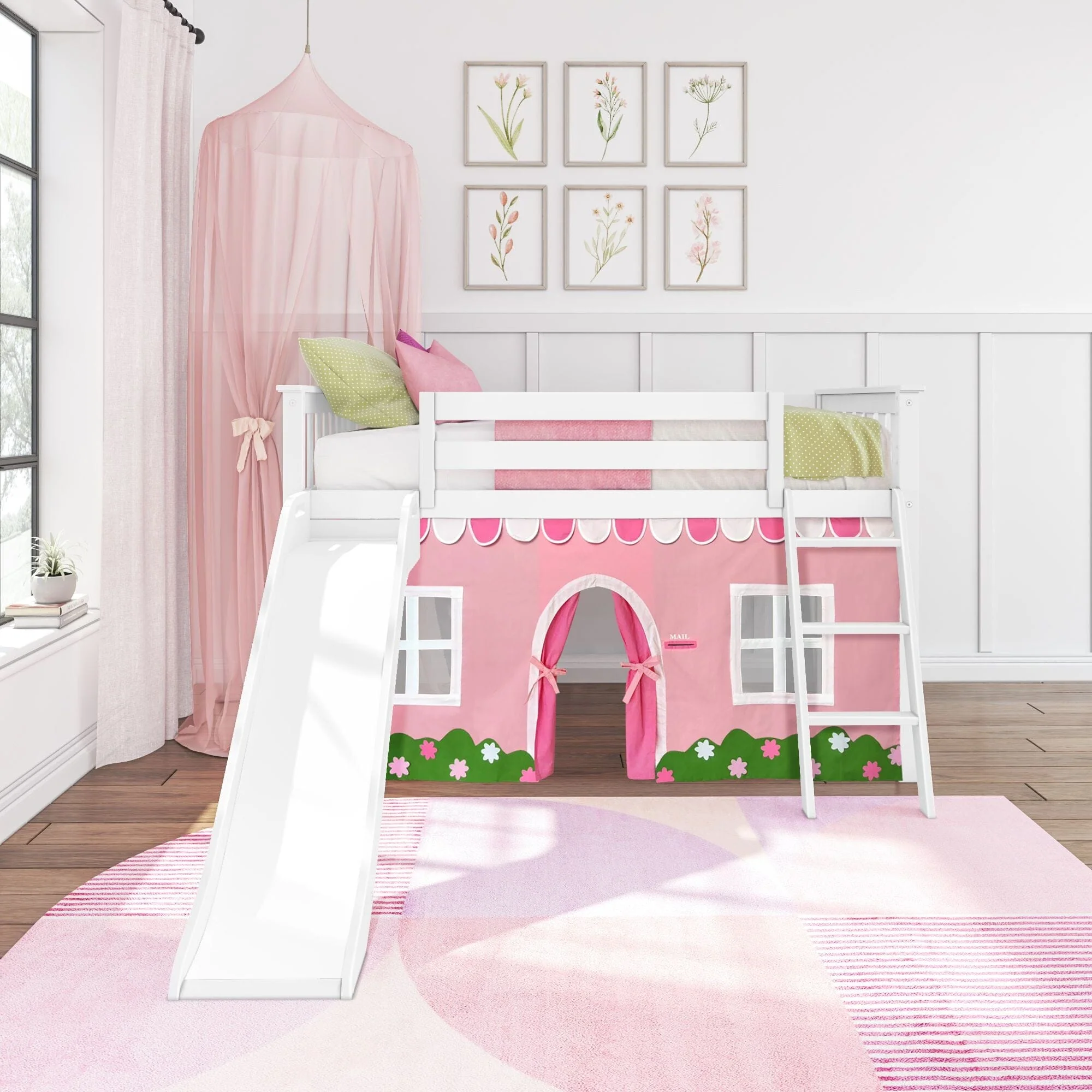 Twin Low Loft Bed with Slide & Pink & White Farmhouse Curtain - Image 3