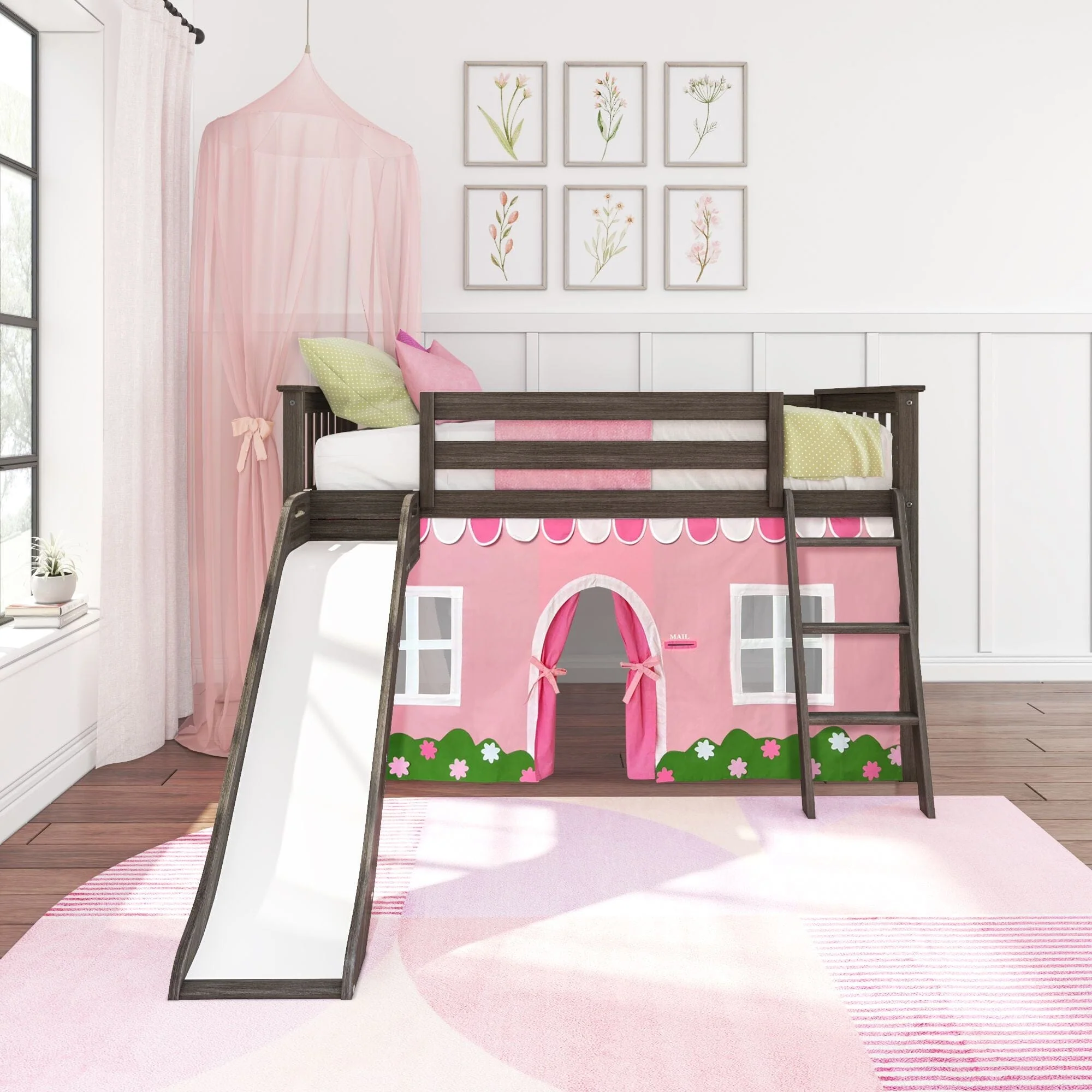 Twin Low Loft Bed with Slide & Pink & White Farmhouse Curtain - Image 4