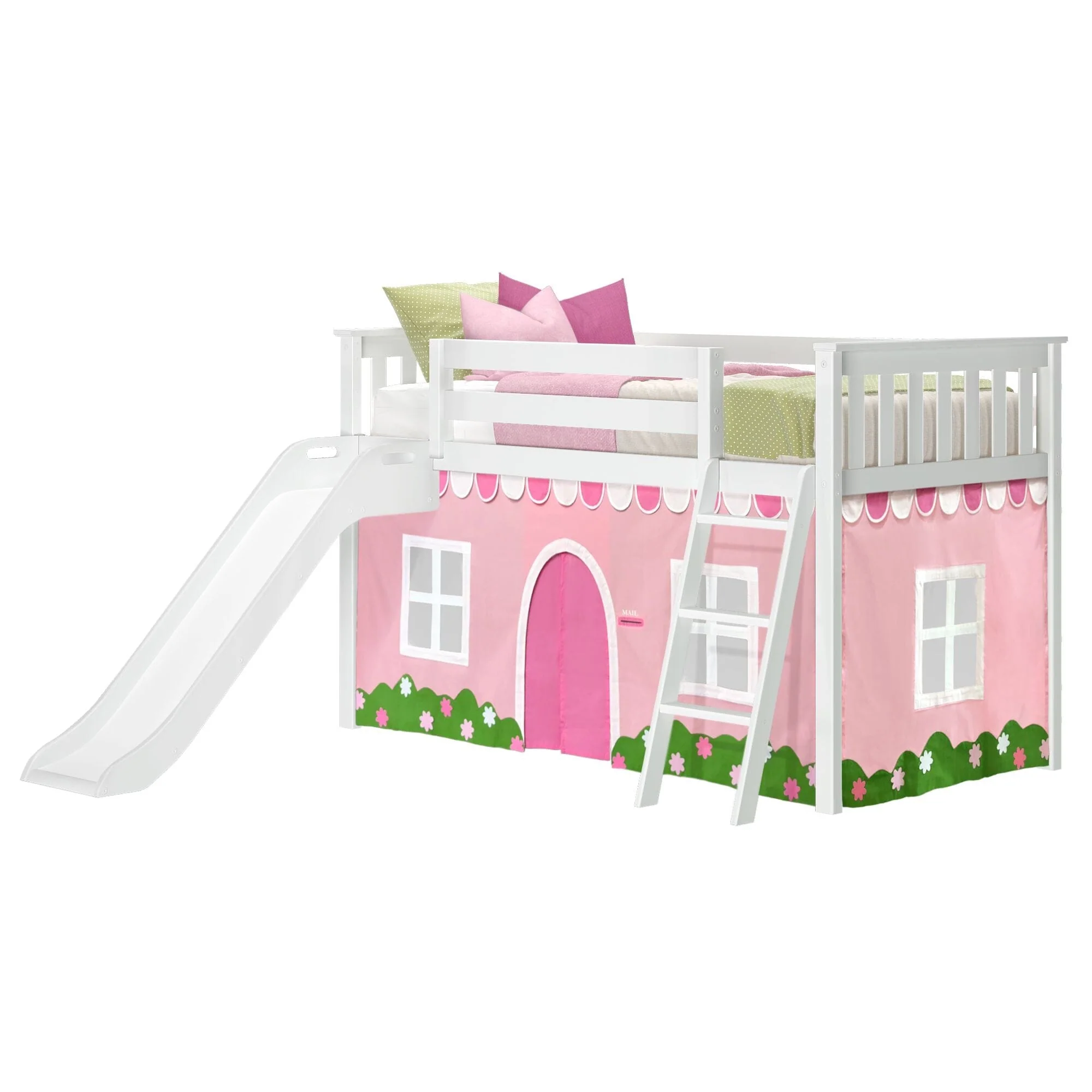 Twin Low Loft Bed with Slide & Pink & White Farmhouse Curtain - Image 5