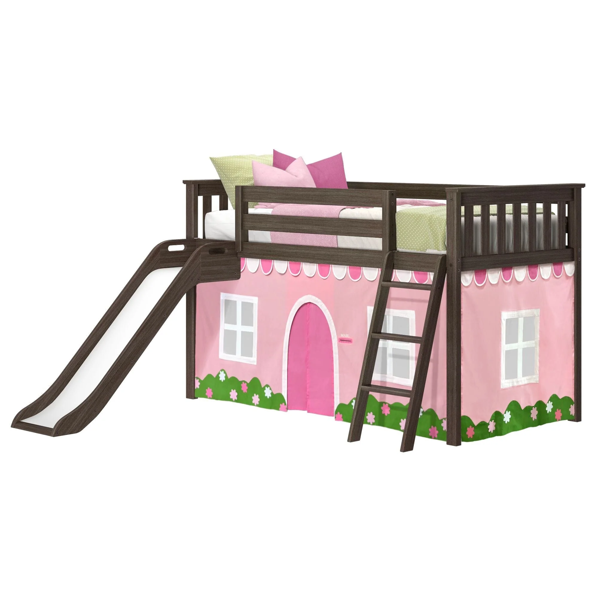Twin Low Loft Bed with Slide & Pink & White Farmhouse Curtain - Image 6