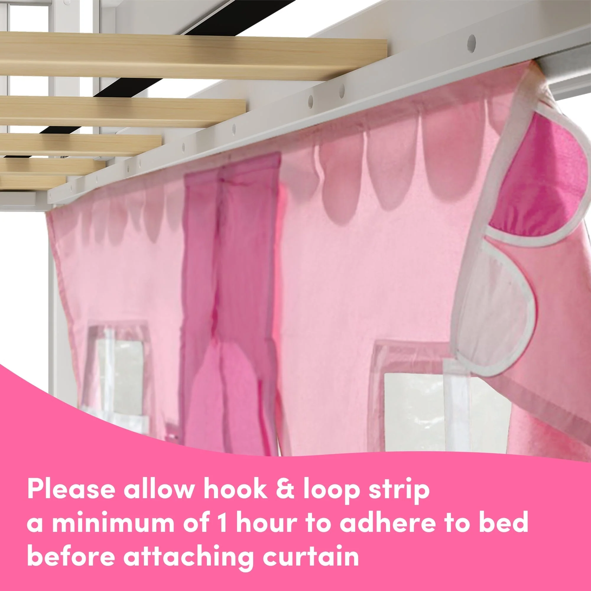 Twin Low Loft Bed with Slide & Pink & White Farmhouse Curtain - Image 9