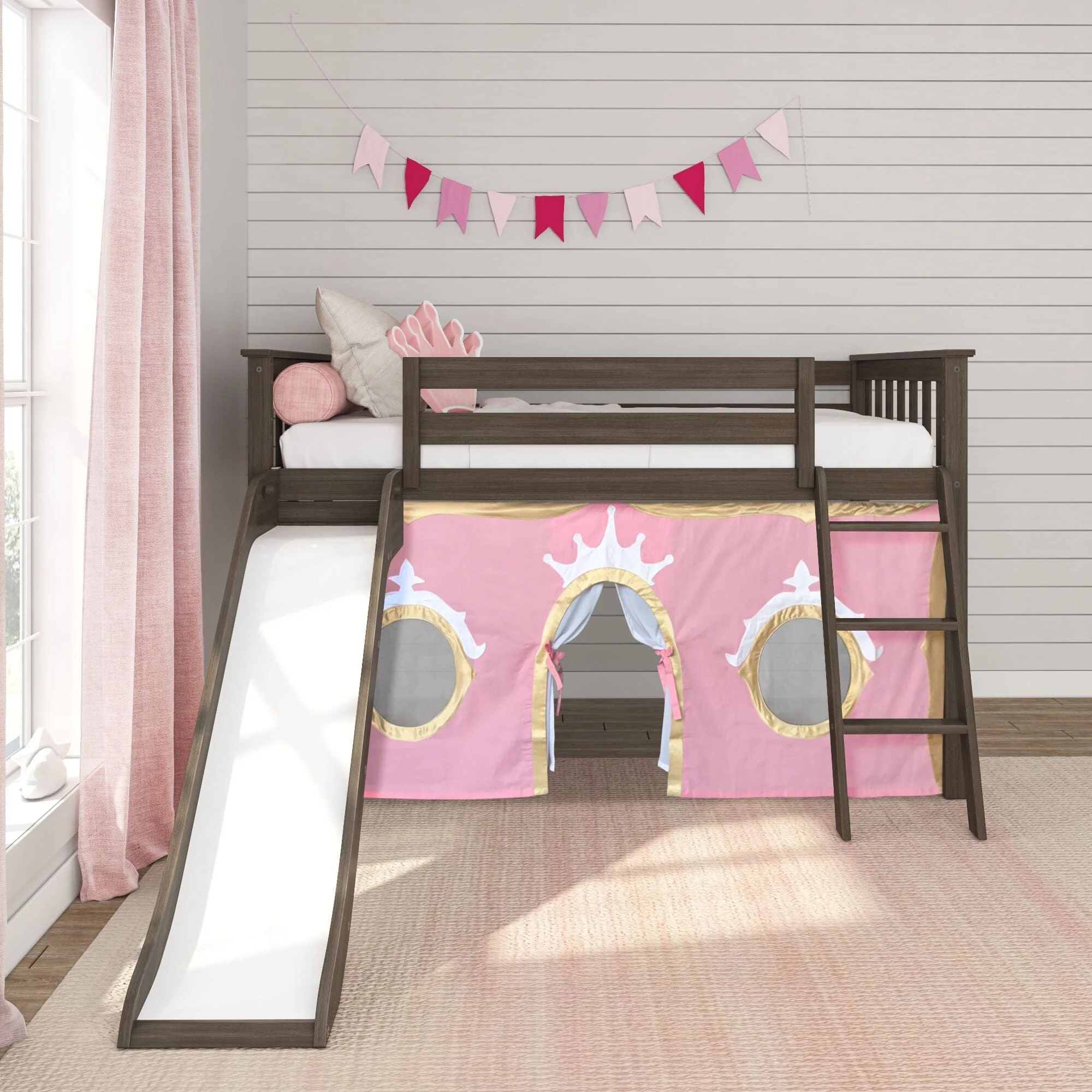 Twin Low Loft Bed with Slide & Princess Curtain - Image 3