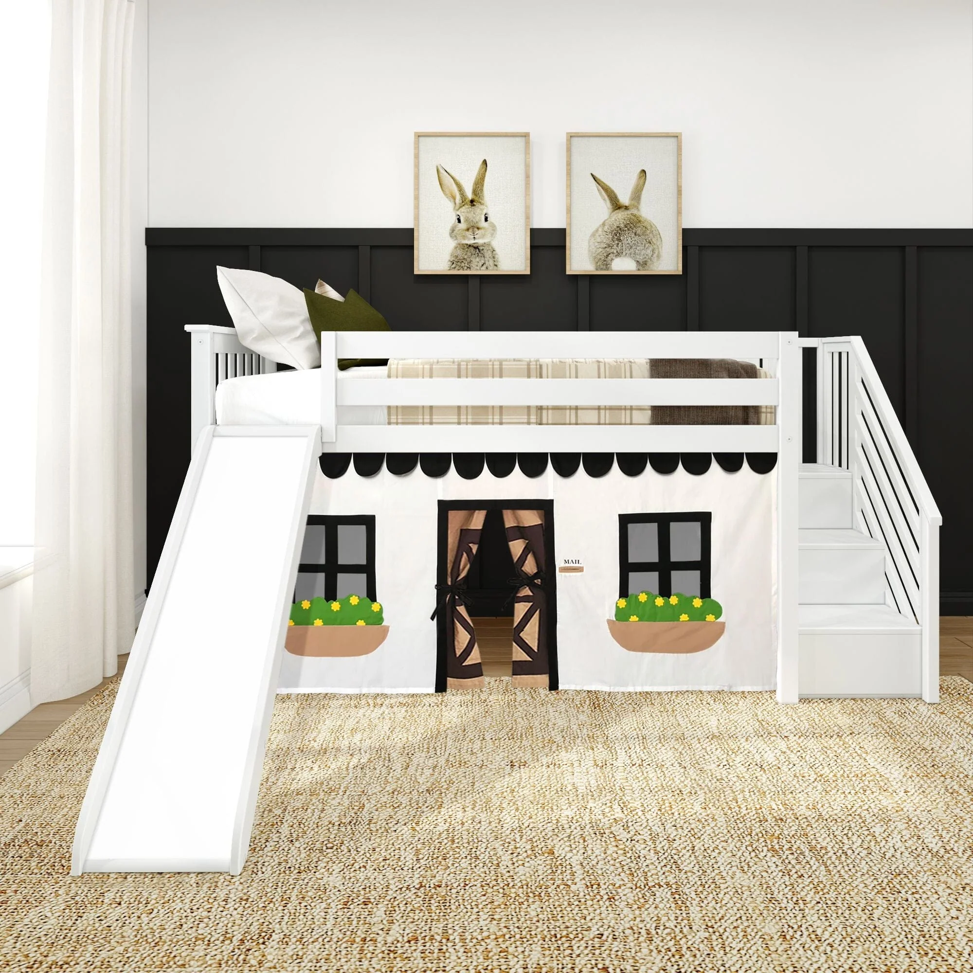 Twin Low Loft Bed with Stairs, Slide, and Black & White Farmhouse Curtain - Image 4
