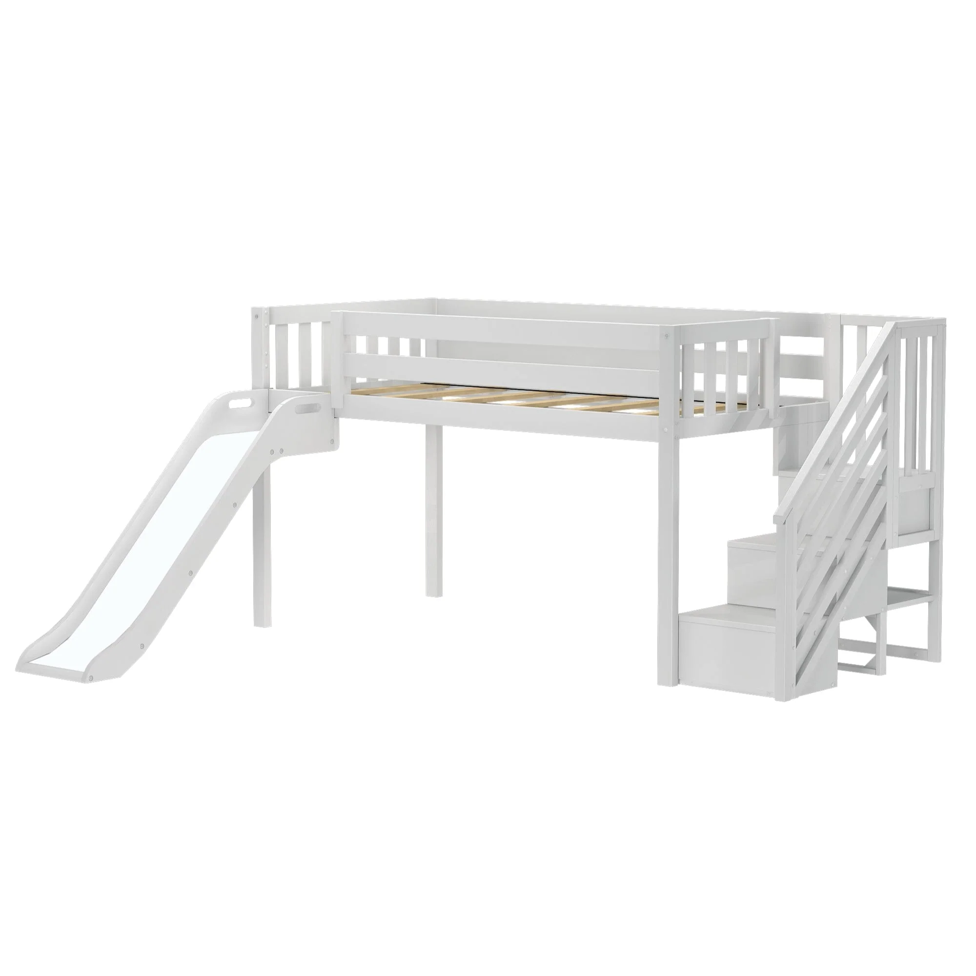 Twin Low Loft Bed with Stairs, Slide, and Black & White Farmhouse Curtain - Image 8