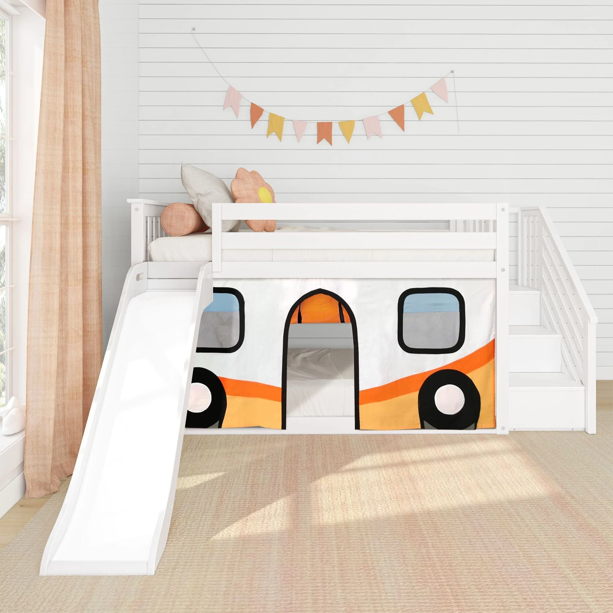 Twin Low Loft Bed with Stairs, Slide, and Camper Van Curtain - Image 4