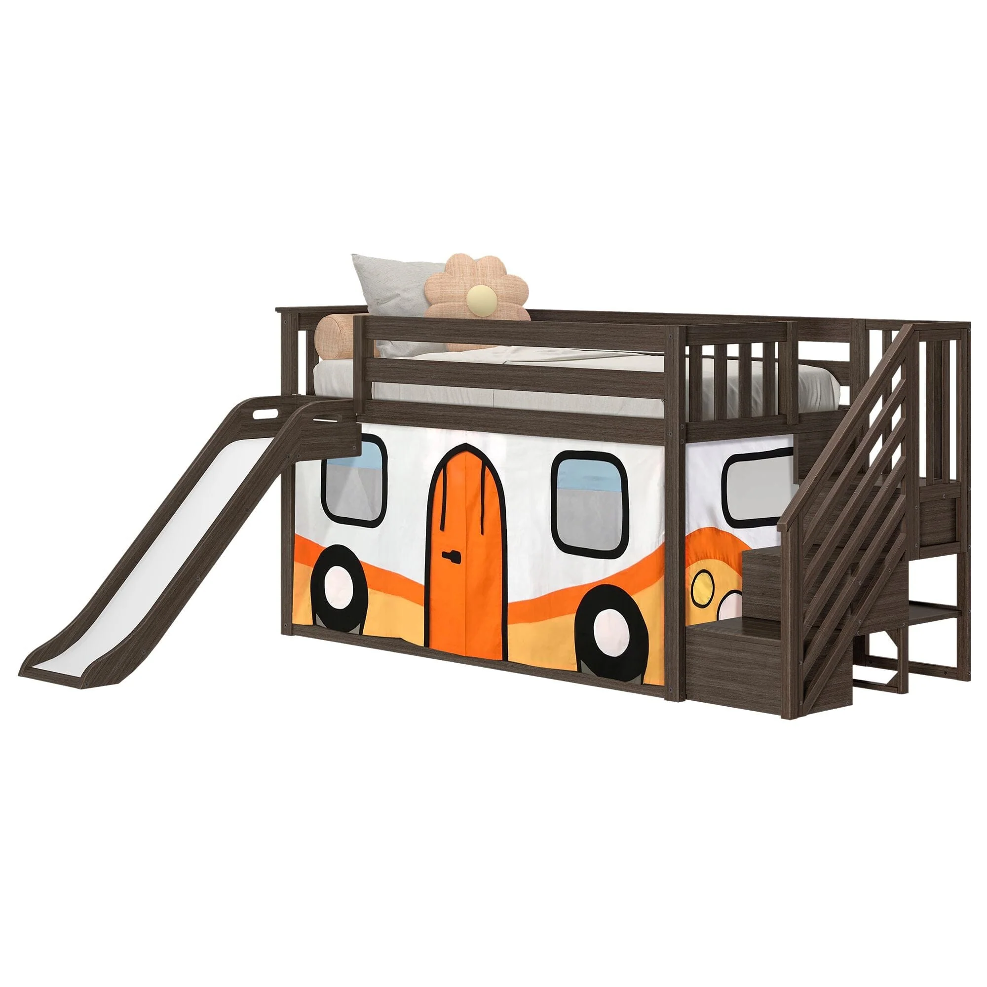 Twin Low Loft Bed with Stairs, Slide, and Camper Van Curtain - Image 5