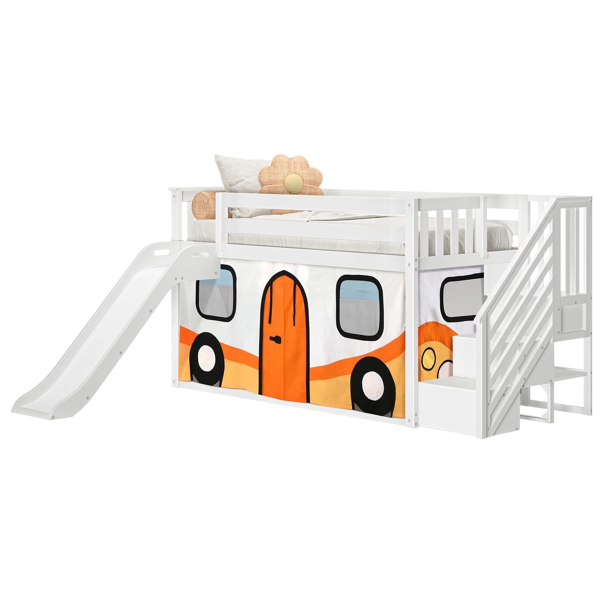 Twin Low Loft Bed with Stairs, Slide, and Camper Van Curtain - Image 6