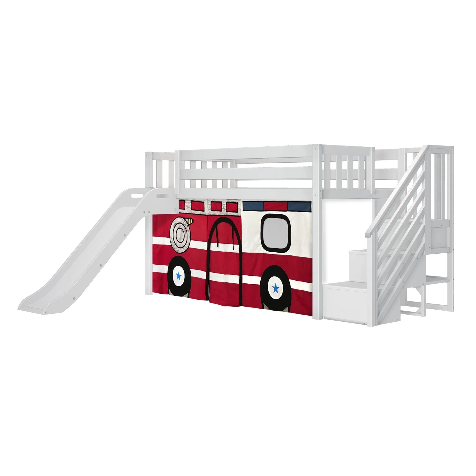 Twin Low Loft Bed with Stairs, Slide, and Firetruck Curtain - Image 6