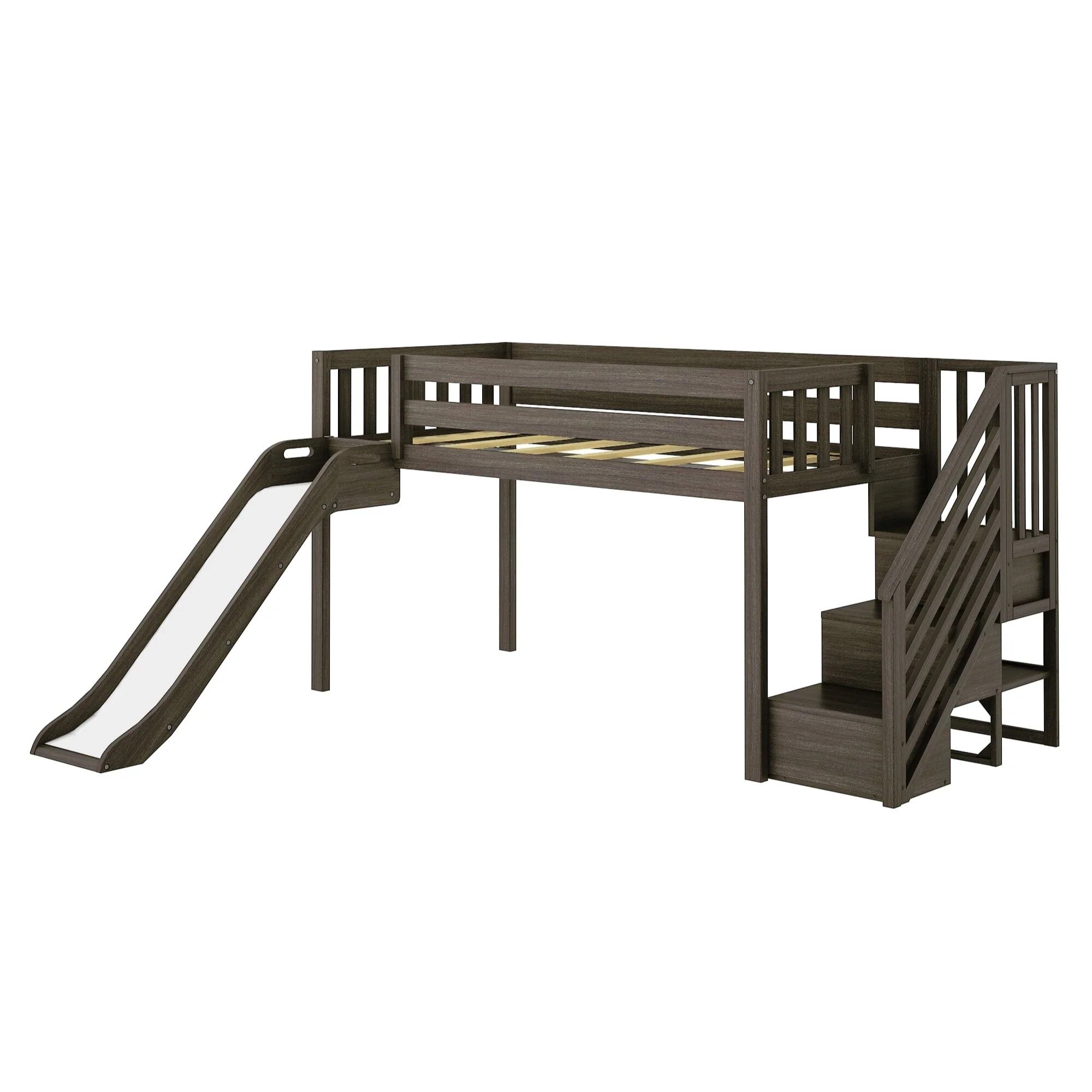 Twin Low Loft Bed with Stairs, Slide, and Firetruck Curtain - Image 7