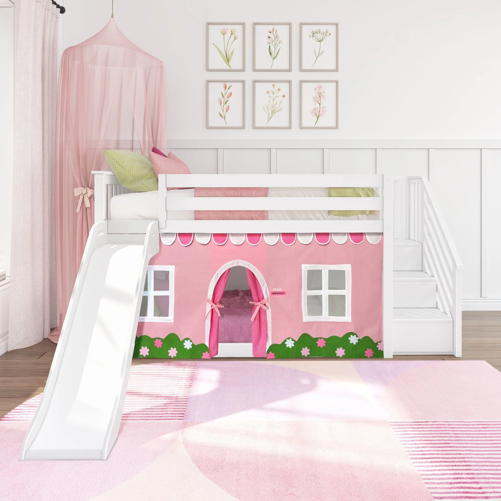 Twin Low Loft Bed with Stairs, Slide, and Pink & White Farmhouse Curtain - Image 4