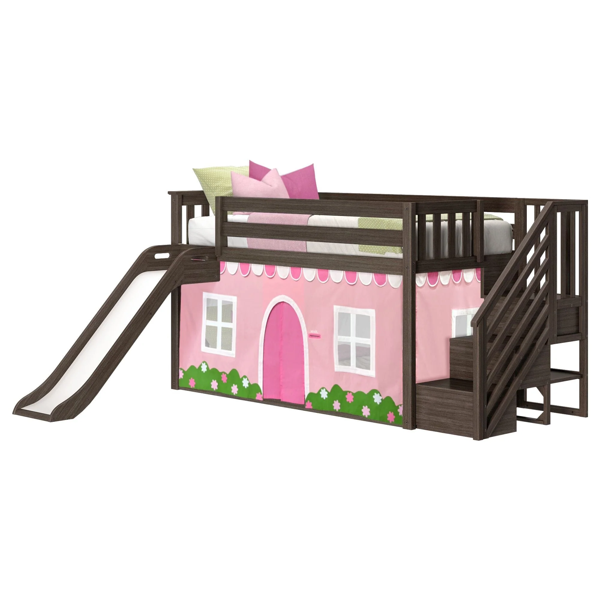 Twin Low Loft Bed with Stairs, Slide, and Pink & White Farmhouse Curtain - Image 5