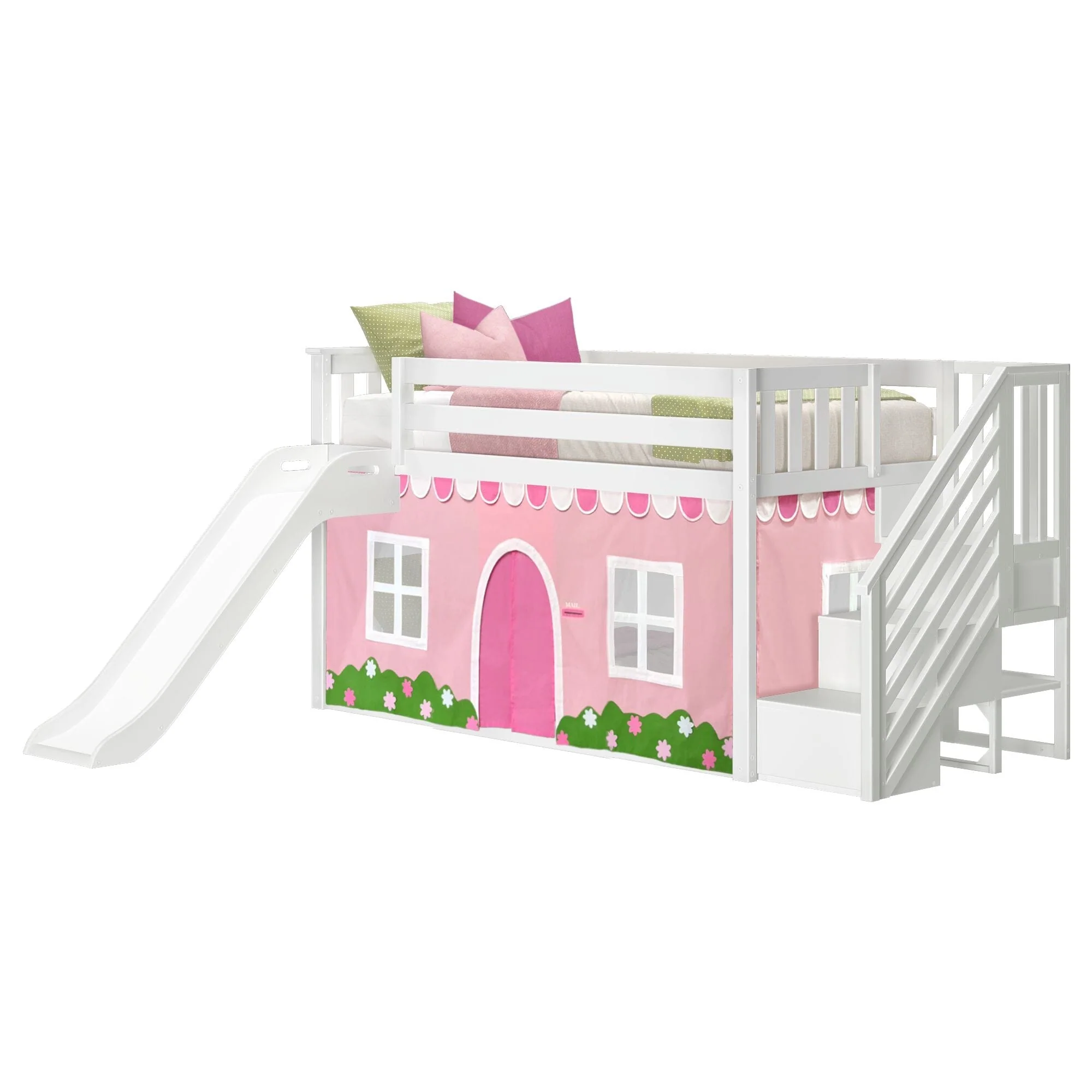 Twin Low Loft Bed with Stairs, Slide, and Pink & White Farmhouse Curtain - Image 6