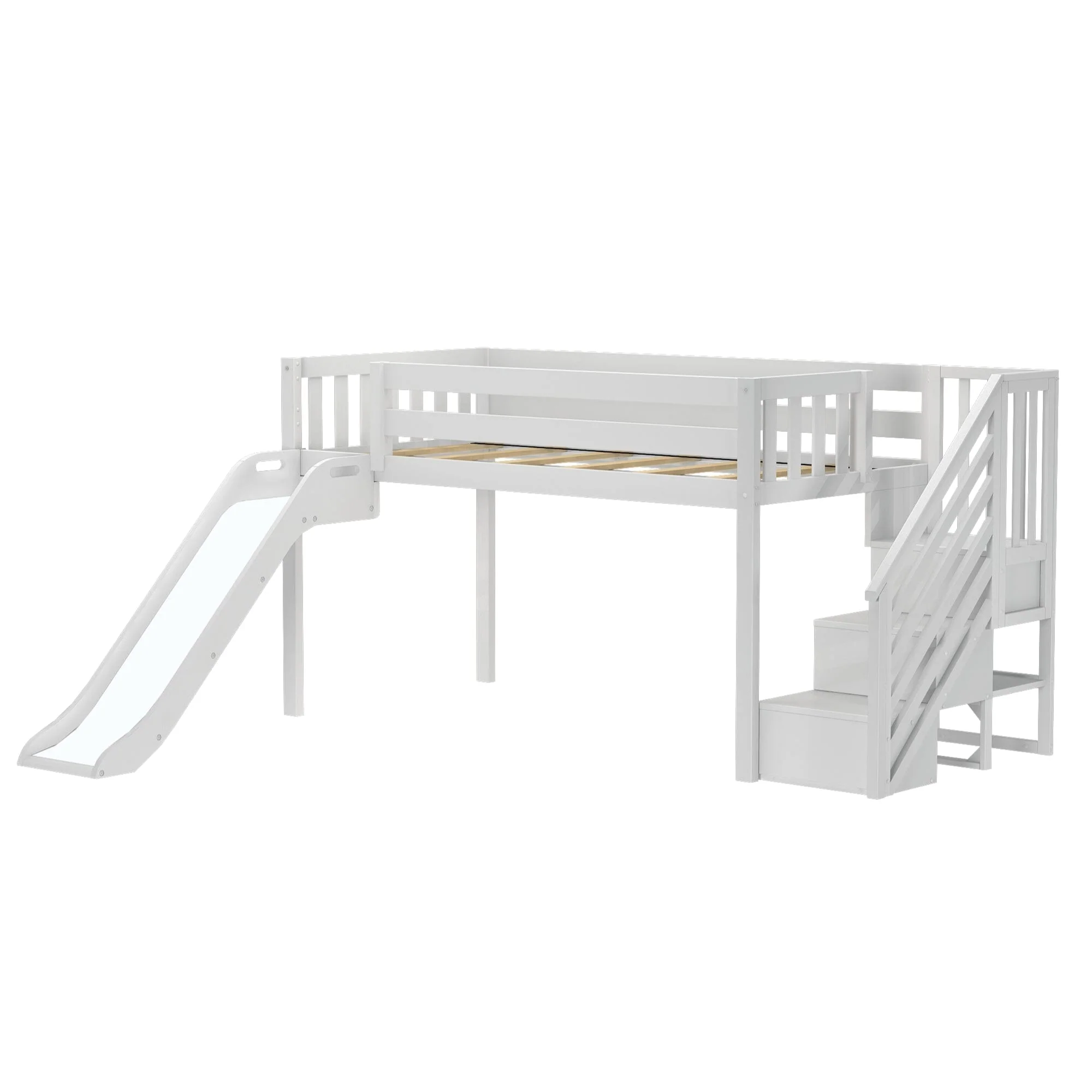 Twin Low Loft Bed with Stairs, Slide, and Pink & White Farmhouse Curtain - Image 8