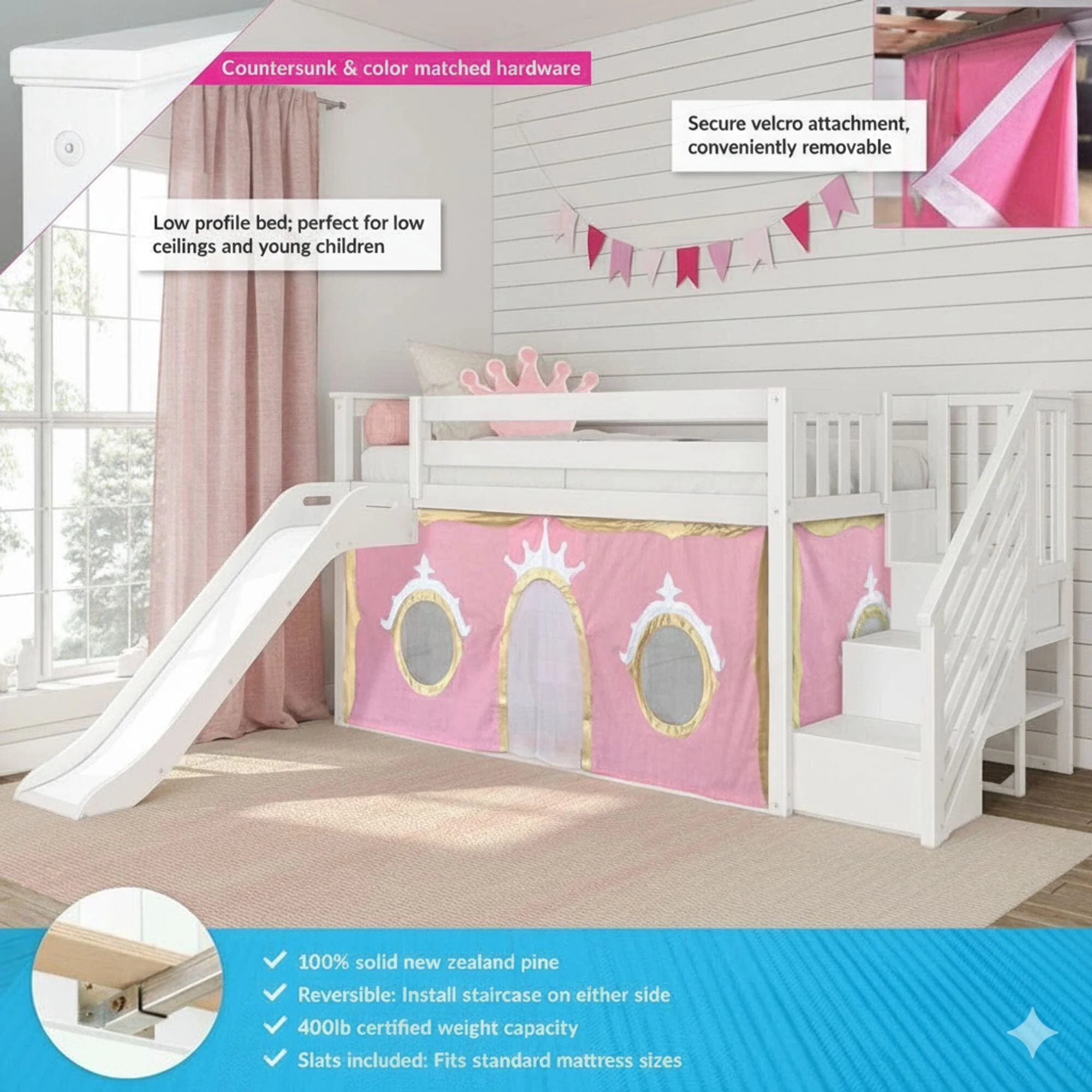 Twin Low Loft Bed with Stairs, Slide, and Princess Curtain - Image 12