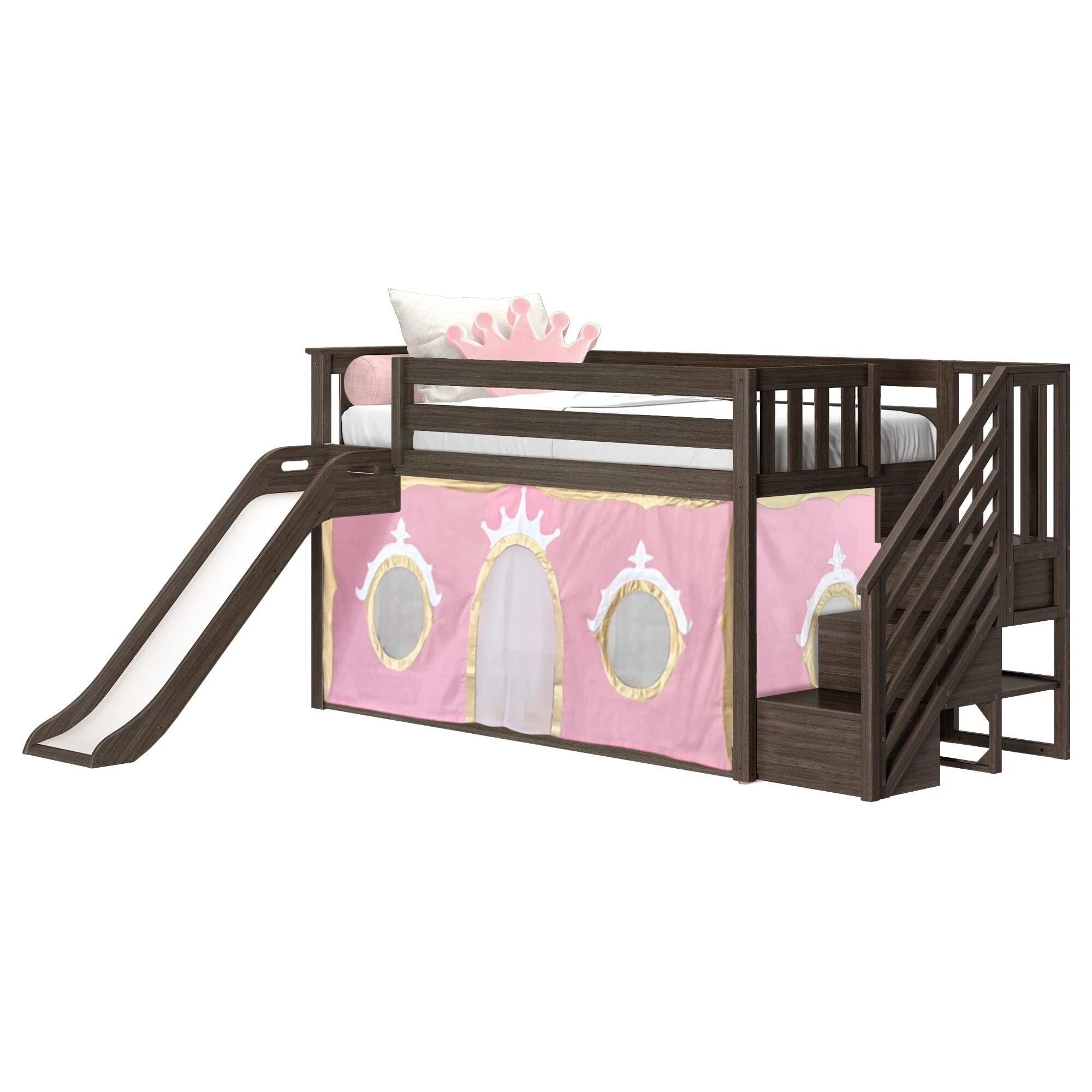 Twin Low Loft Bed with Stairs, Slide, and Princess Curtain - Image 4