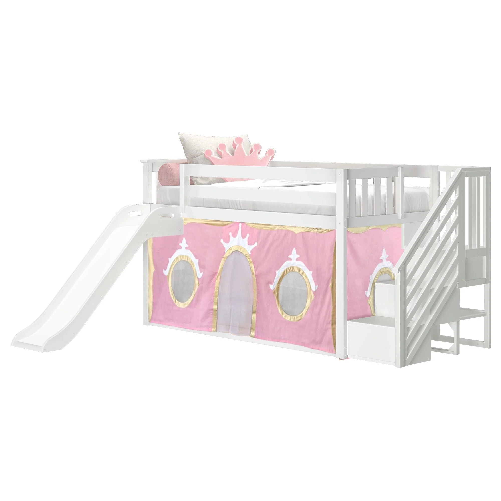 Twin Low Loft Bed with Stairs, Slide, and Princess Curtain - Image 5