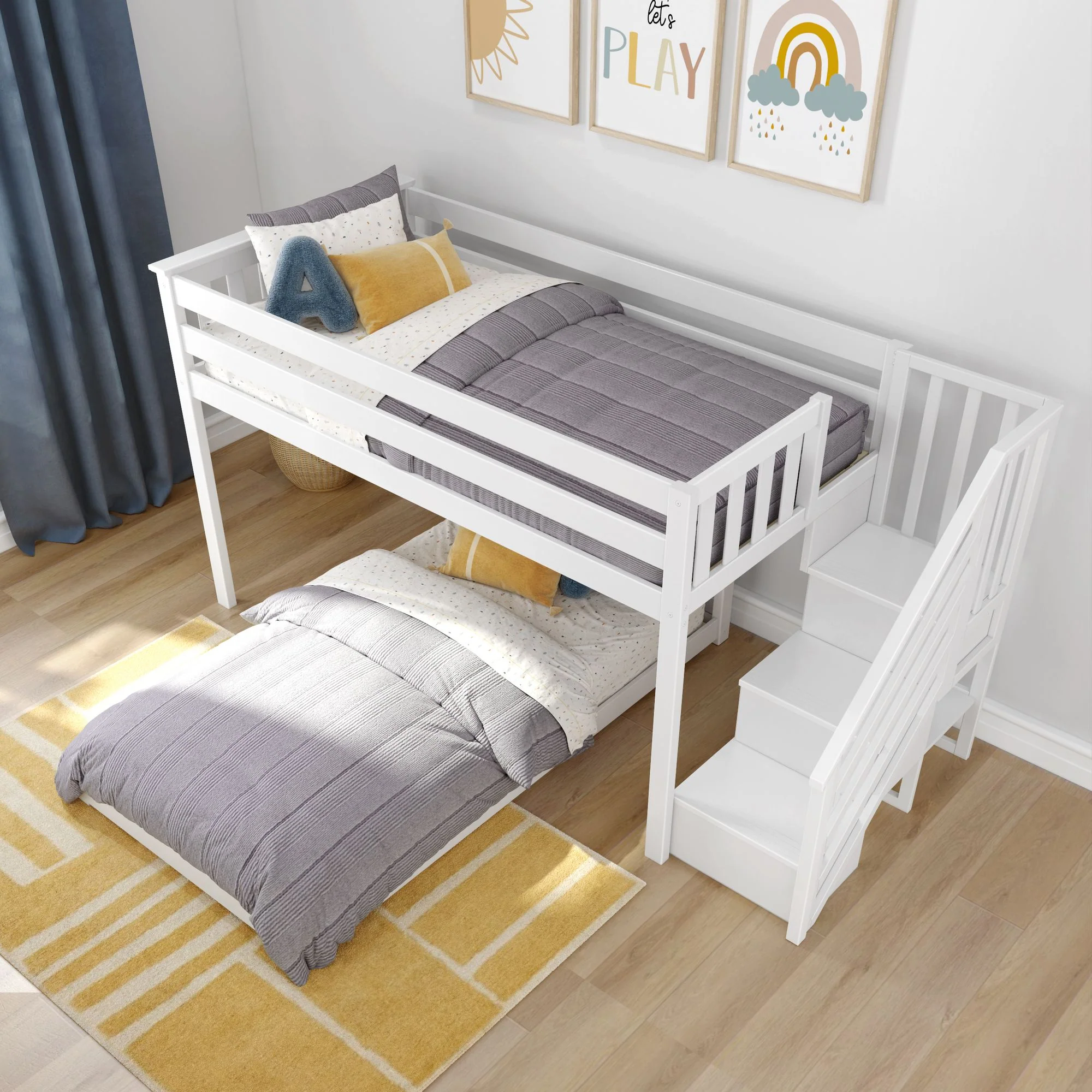 Twin Over Twin L-Shaped Low Bunk Bed With Stairs - Image 5