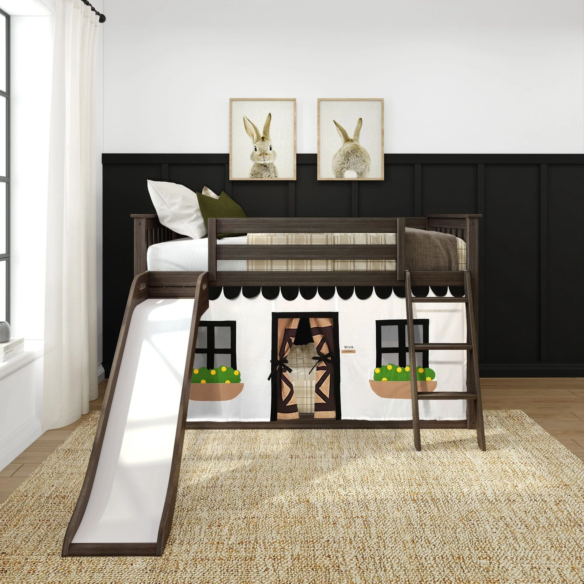 Twin Over Twin Low Bunk Bed with Slide & Black & White Farmhouse Curtain - Image 3