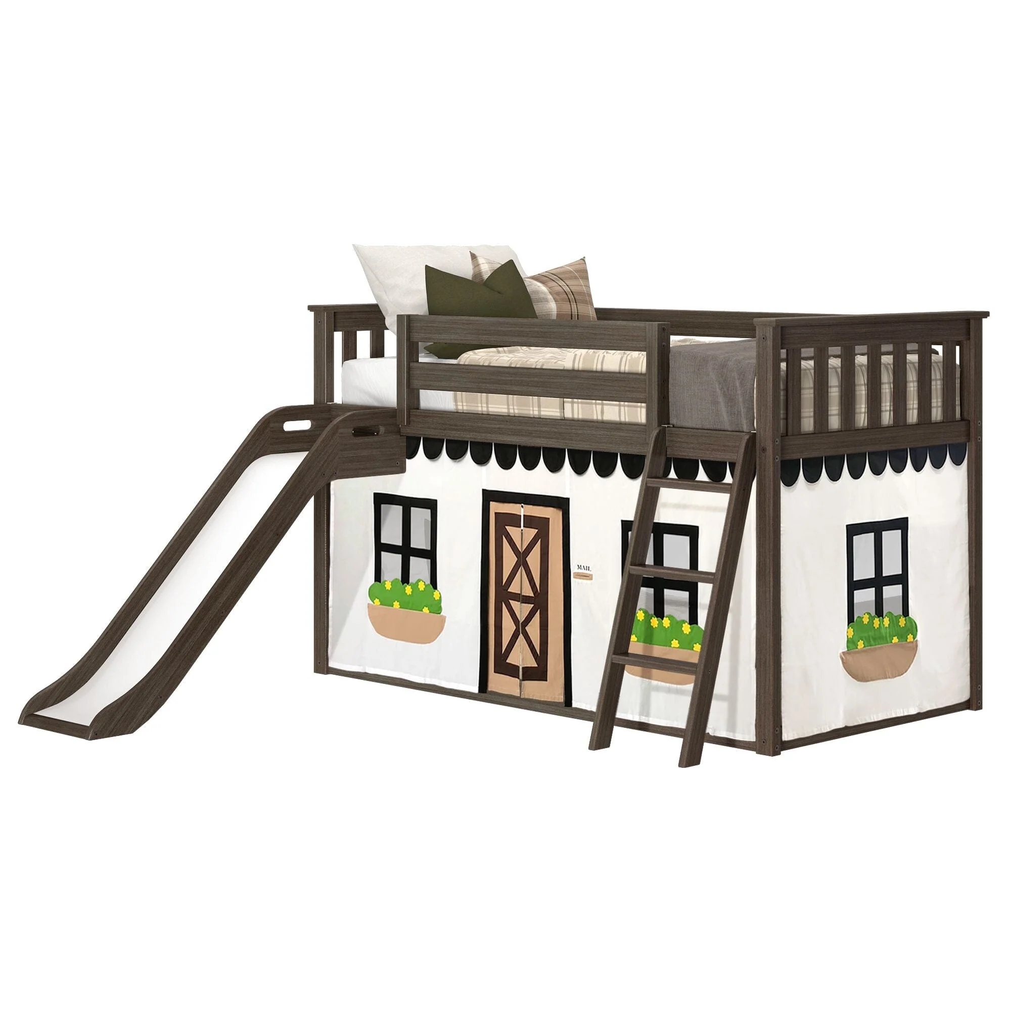 Twin Over Twin Low Bunk Bed with Slide & Black & White Farmhouse Curtain - Image 5