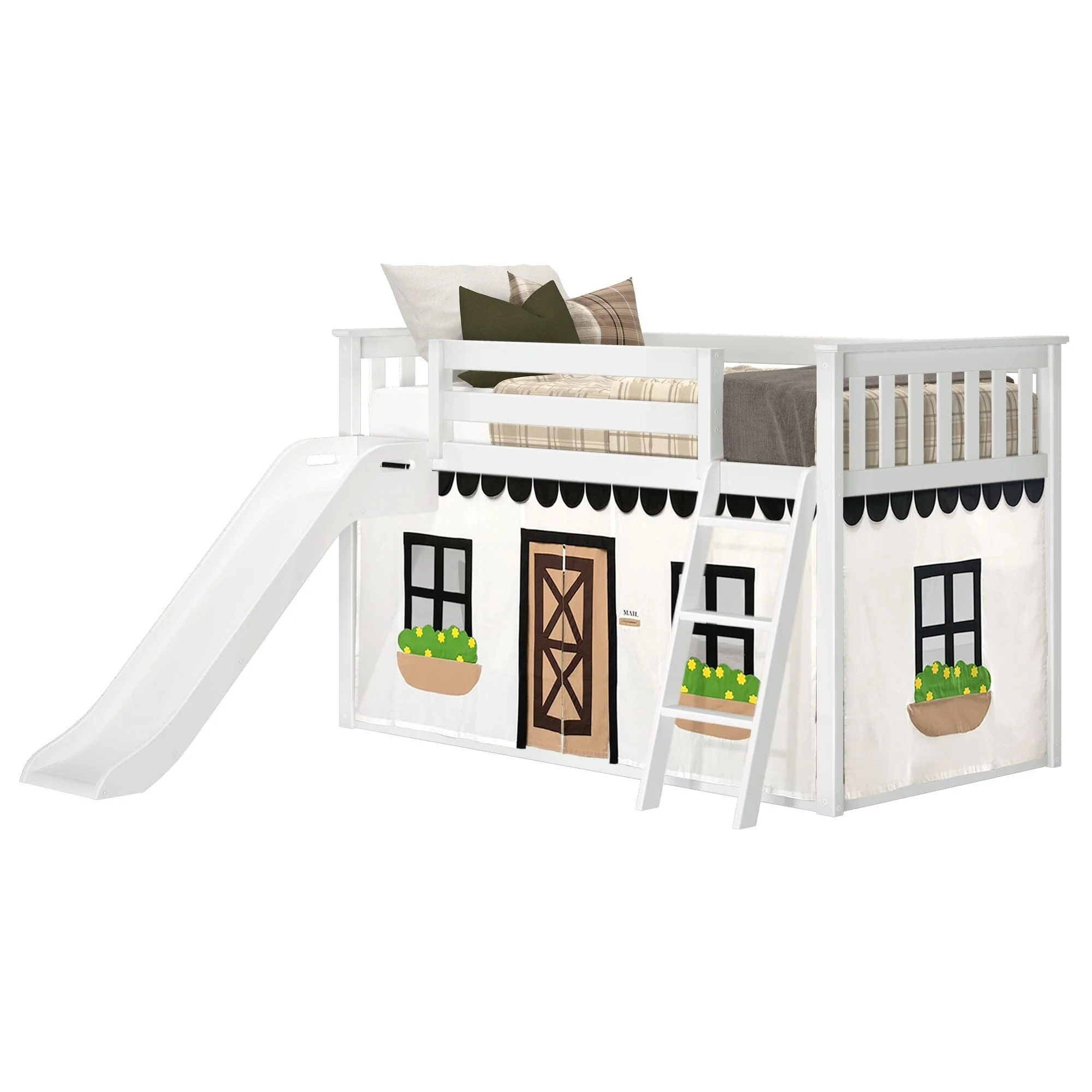 Twin Over Twin Low Bunk Bed with Slide & Black & White Farmhouse Curtain - Image 6