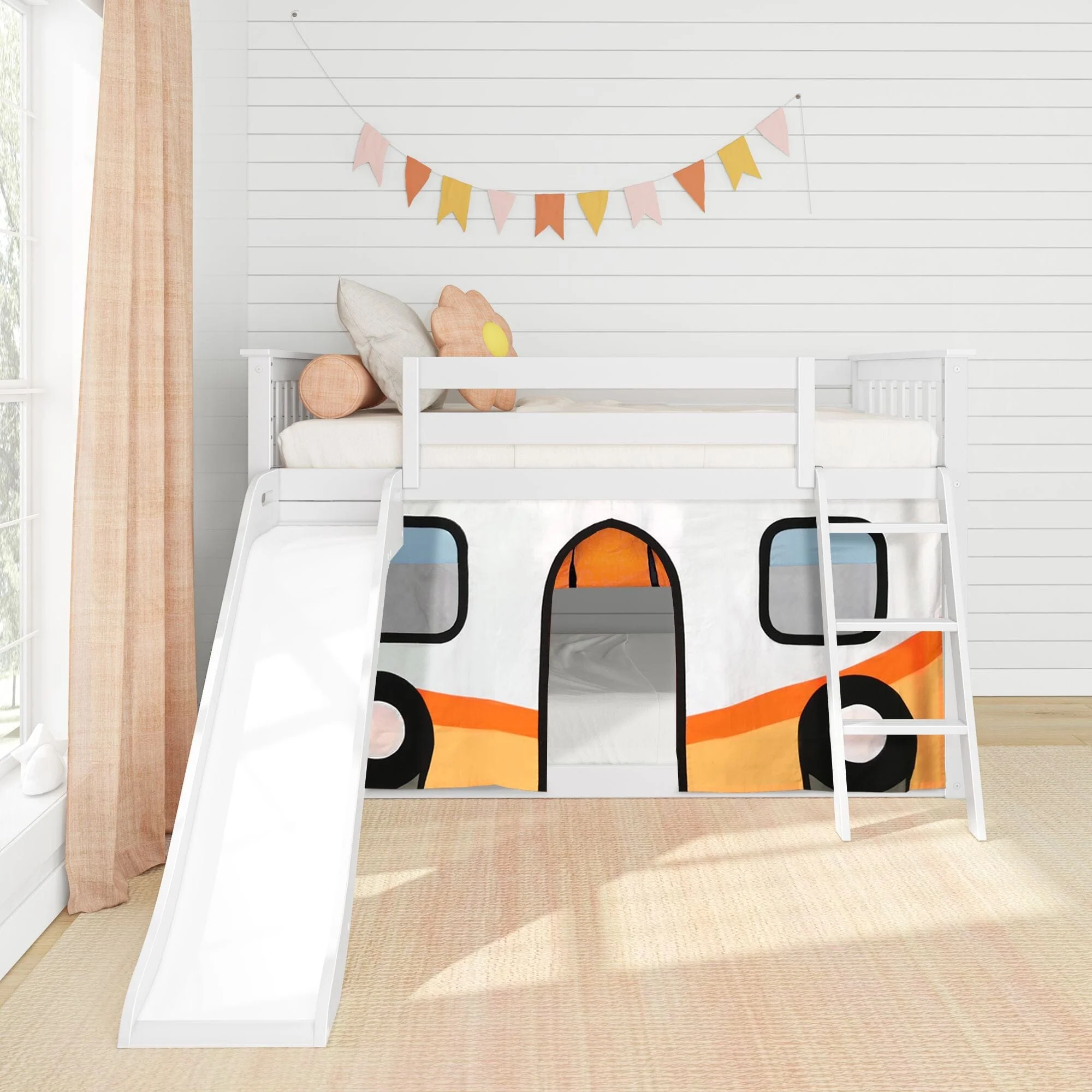 Twin Over Twin Low Bunk Bed with Slide & Camper Van Curtain - Image 3