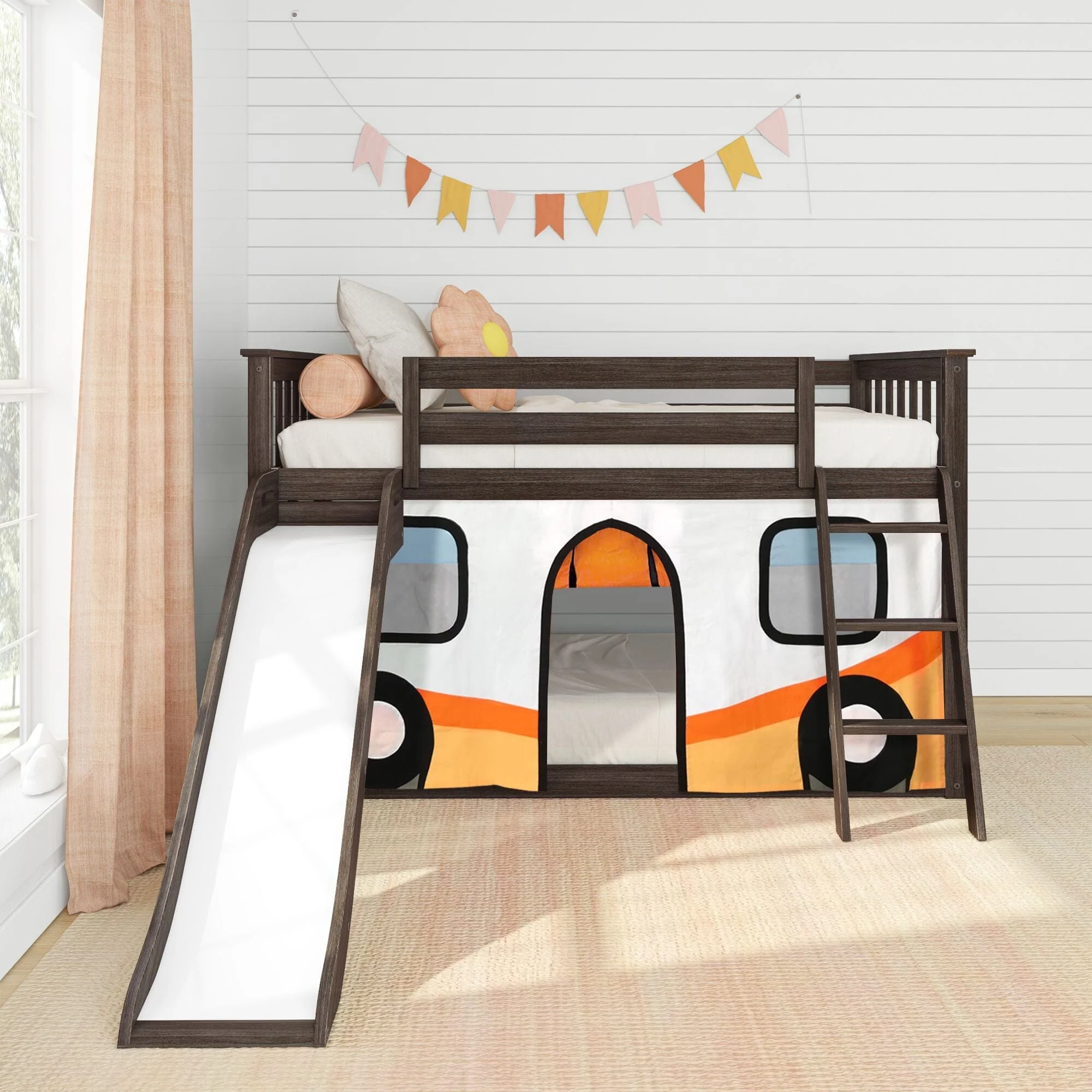 Twin Over Twin Low Bunk Bed with Slide & Camper Van Curtain - Image 4