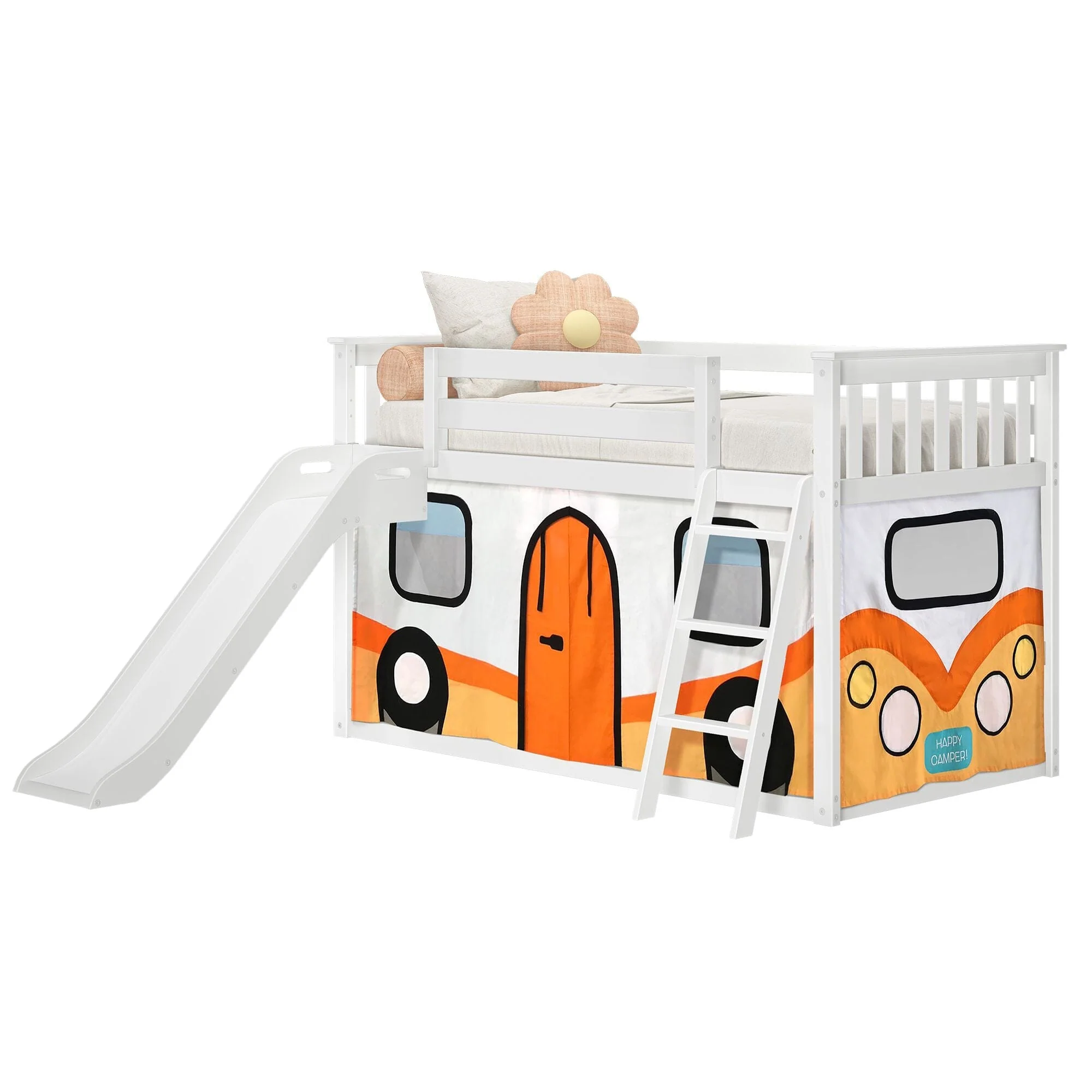 Twin Over Twin Low Bunk Bed with Slide & Camper Van Curtain - Image 5