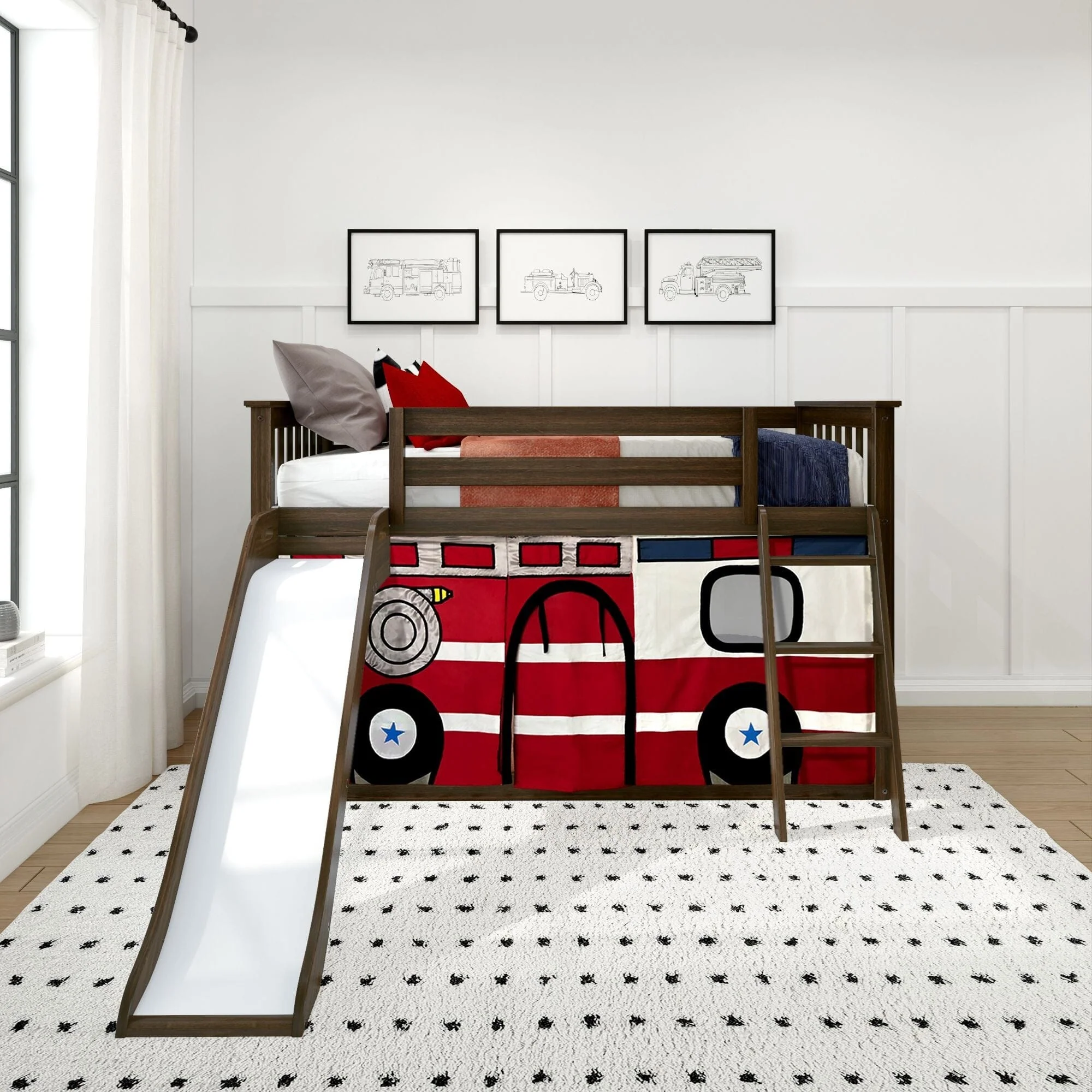 Twin Over Twin Low Bunk Bed with Slide & Firetruck Curtain - Image 3