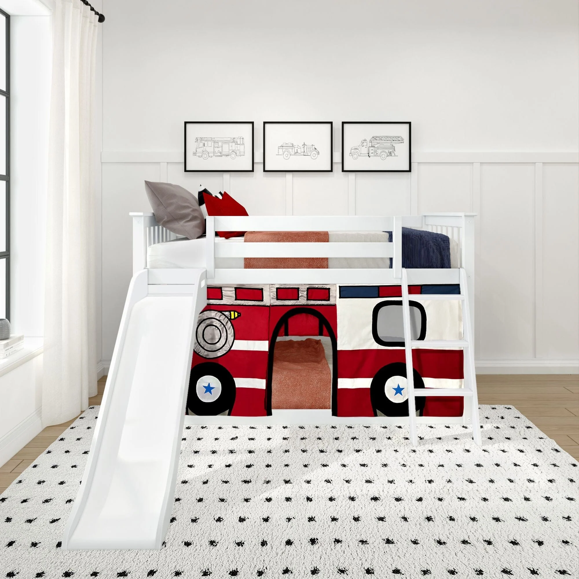 Twin Over Twin Low Bunk Bed with Slide & Firetruck Curtain - Image 4